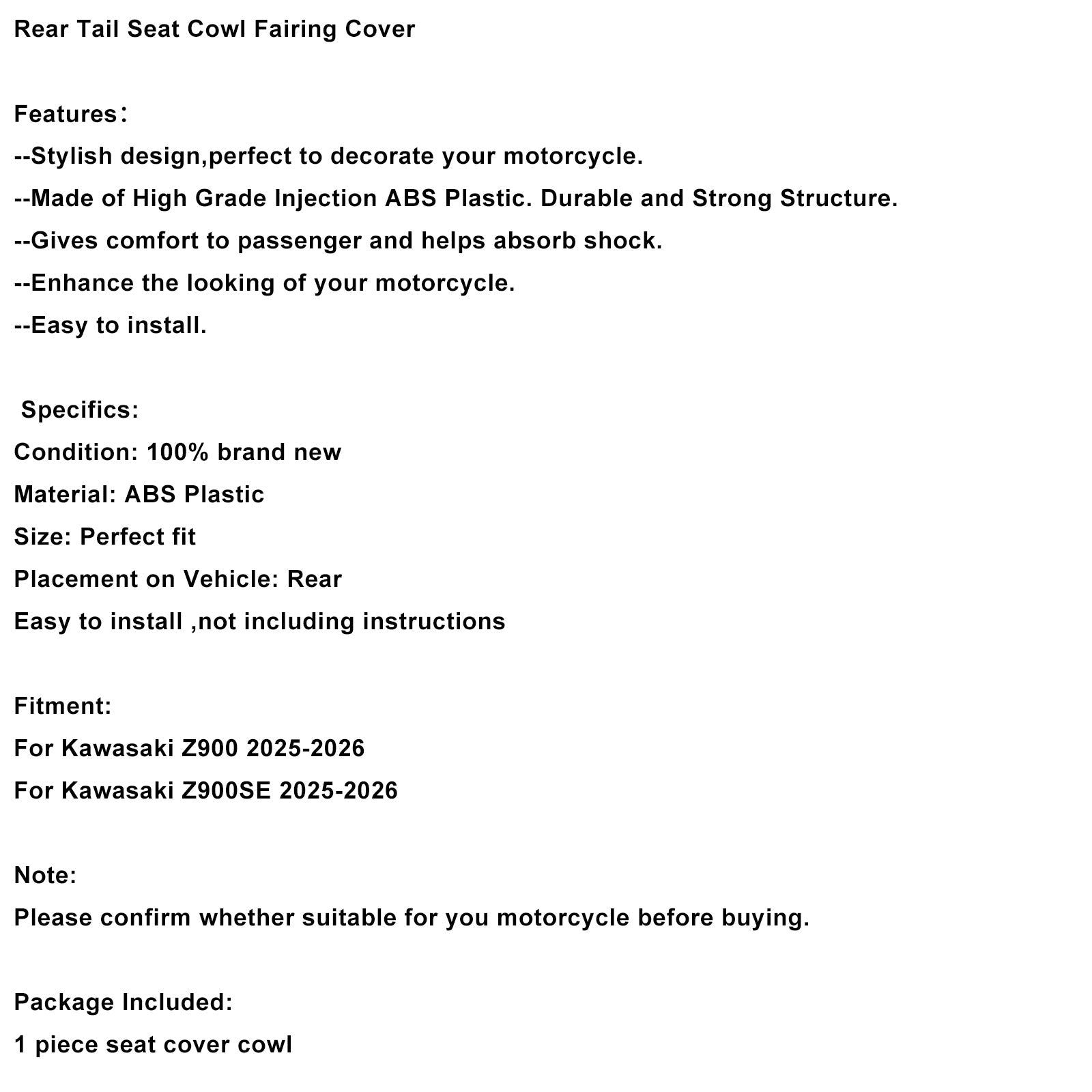 2025-2026 Kawasaki Z900 Z900SE Rear Tail Seat Cowl Fairing Cover