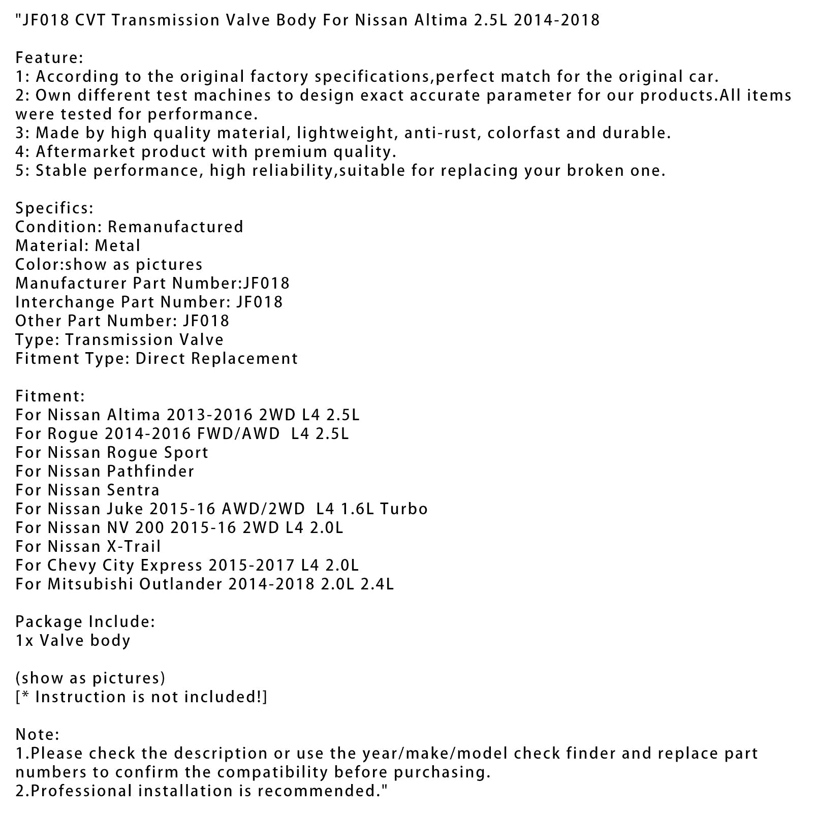 JF018 Nissan Altima 2.5L 2014-2018 용 CVT 변속기 밸브 본체