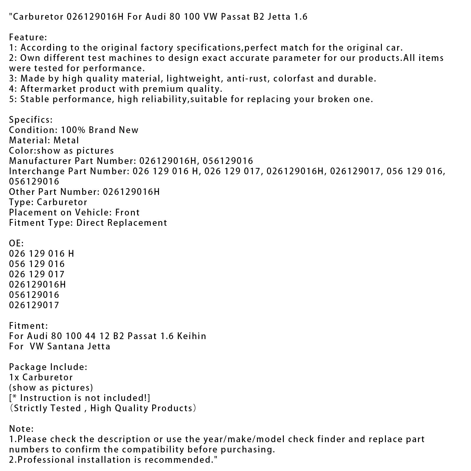 Audi 80 100 VW Passat B2 Jetta 1.6 Carburetor 026129016H
