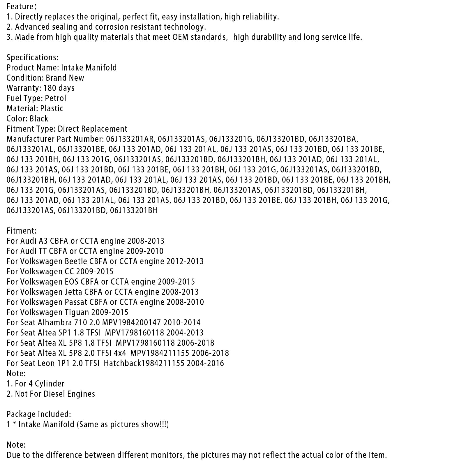 Air Inlet Intake Manifold 06J133201BD Fit VW Scirocco 137 2008-2016 Coupe 2.0