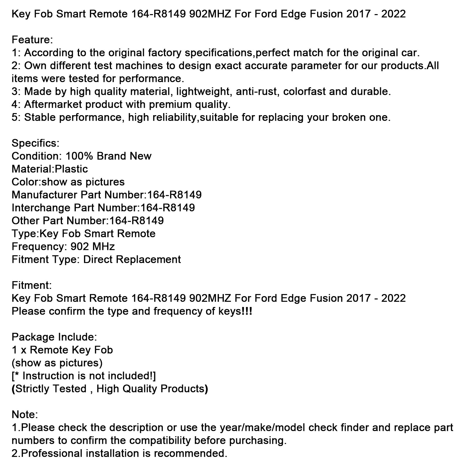 2017-2022 Ford Edge Fusion Key Fob Smart Remote 164-R8149 902MHZ