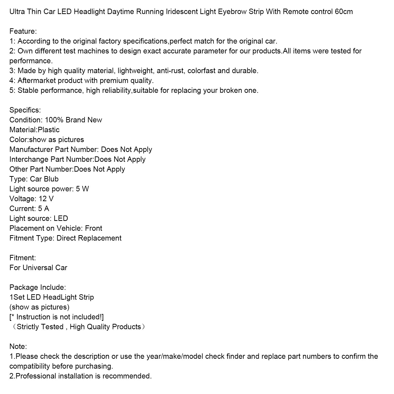 Ultra Thin Car LED Headlight Daytime Running Iridescent Light Eyebrow Strip With Remote control 60cm