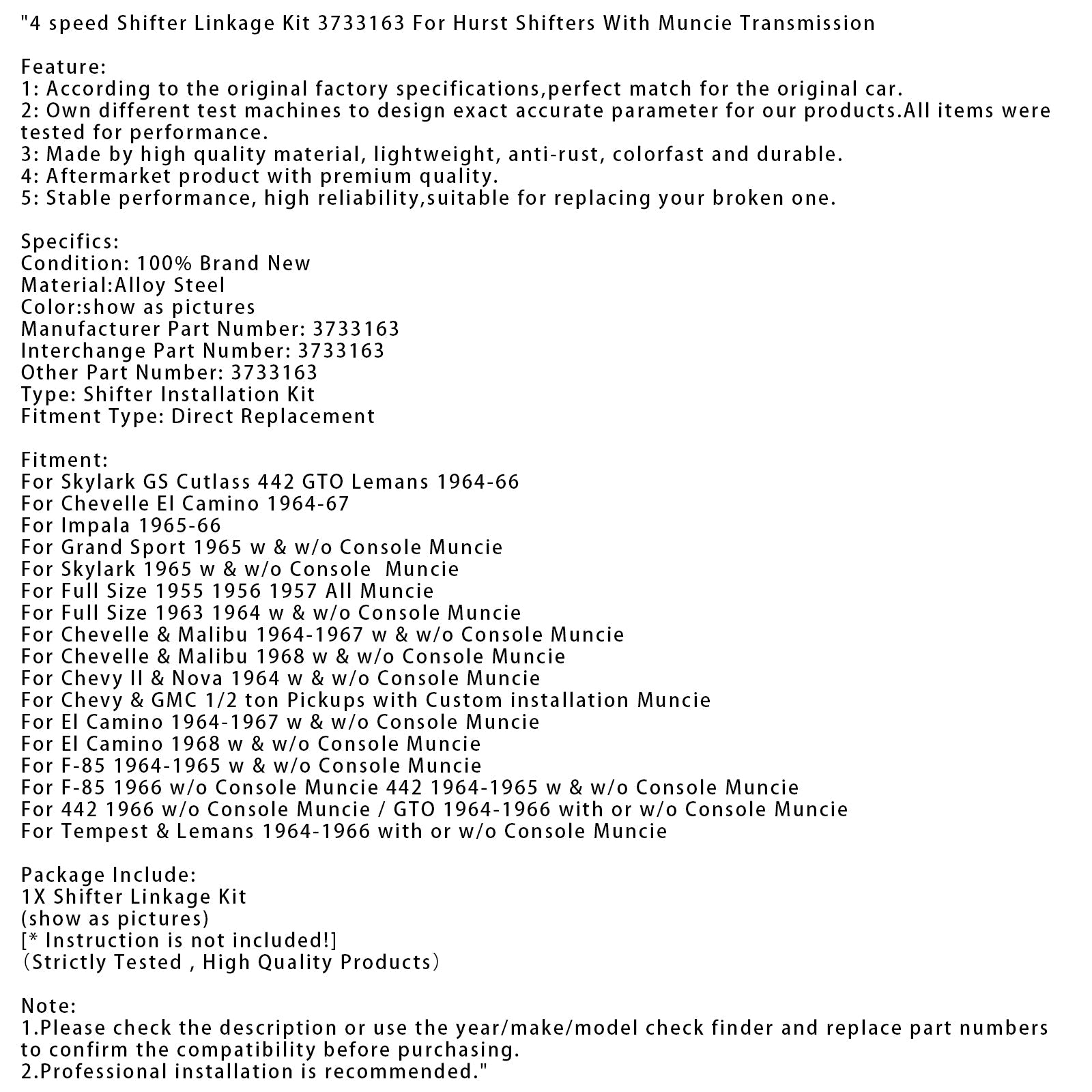 1963 1964 Full Size w & w/o Console Muncie 4 speed Shifter Linkage Kit