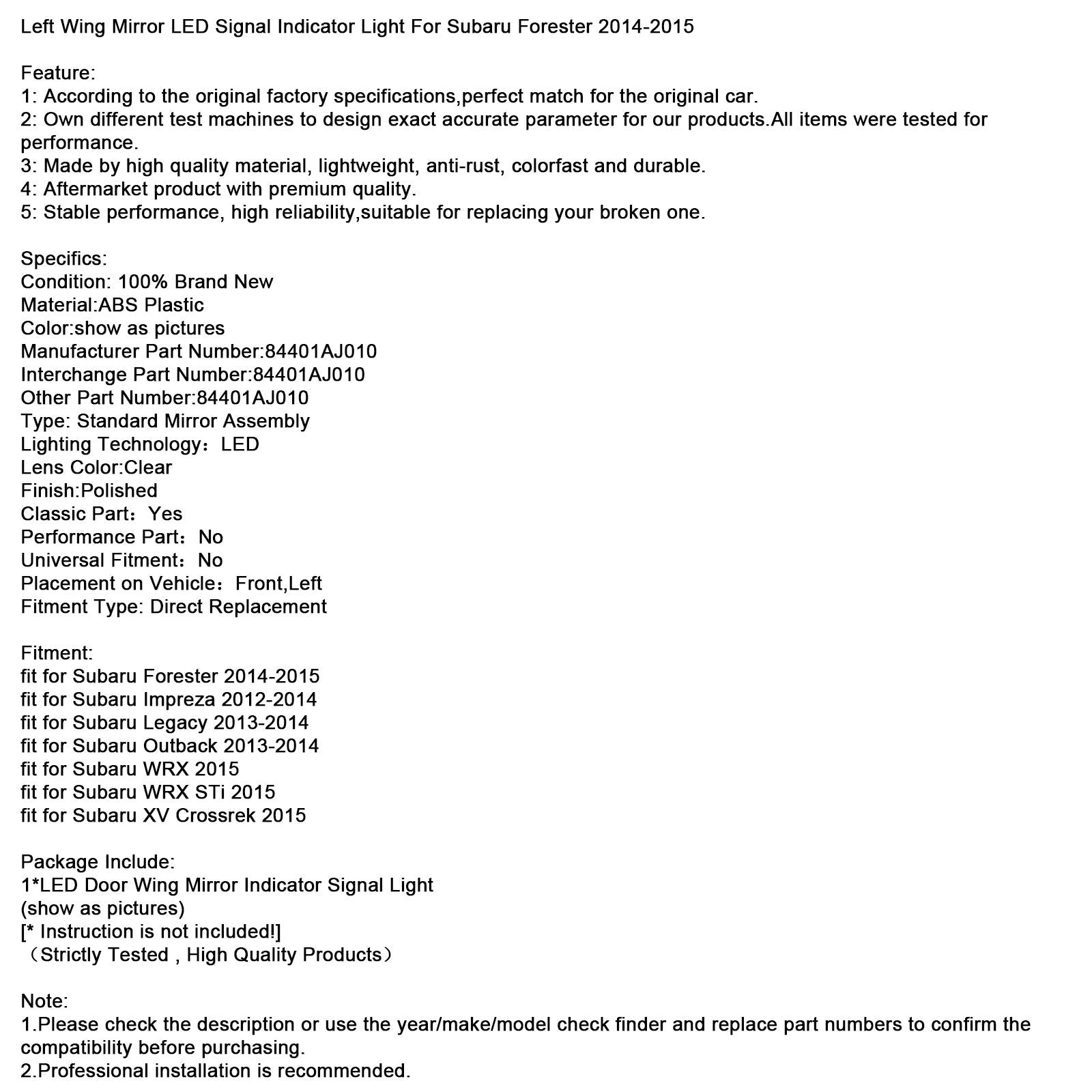 Left Wing Mirror LED Signal Indicator Light For Subaru Forester 2014-2015