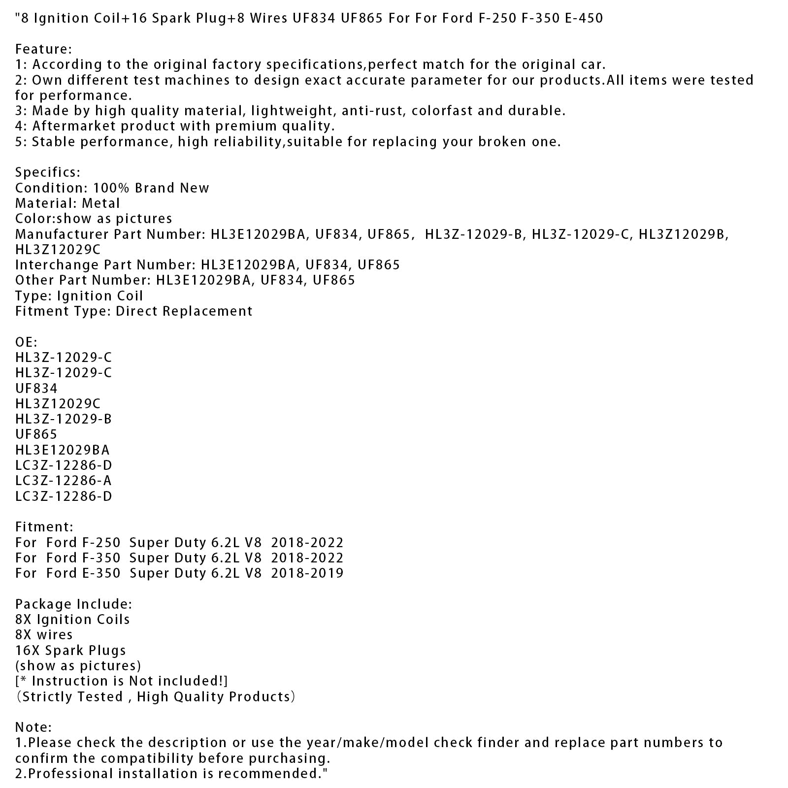 2018-2022 Ford F-250 Super Duty 6.2L V8 8 Ignition Coil+16 Spark Plug+8 Wires UF834 UF865 HL3Z-12029-C