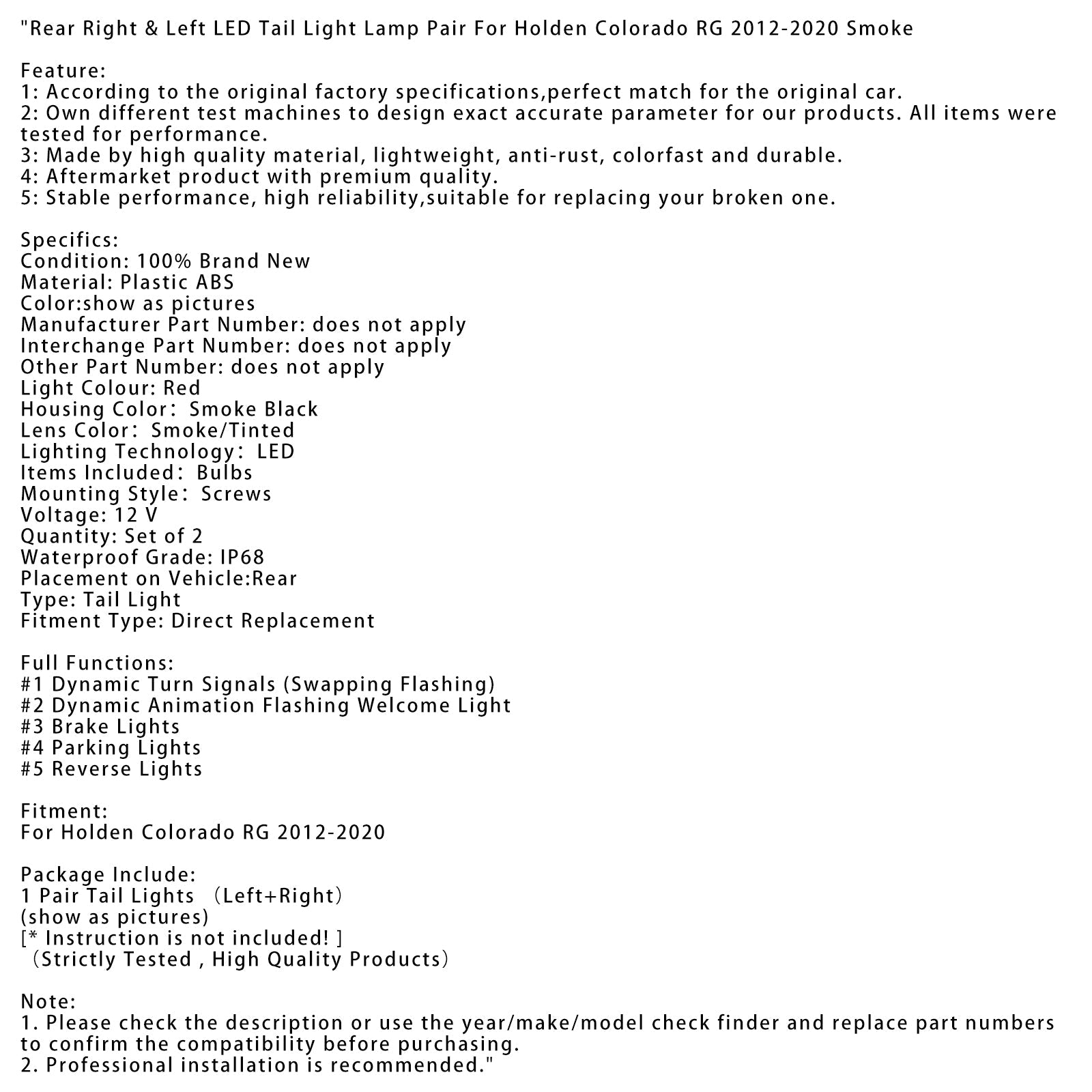 2012-2020 Holden Colorado RG Rear Right & Left LED Tail Light Lamp Pair Smoke