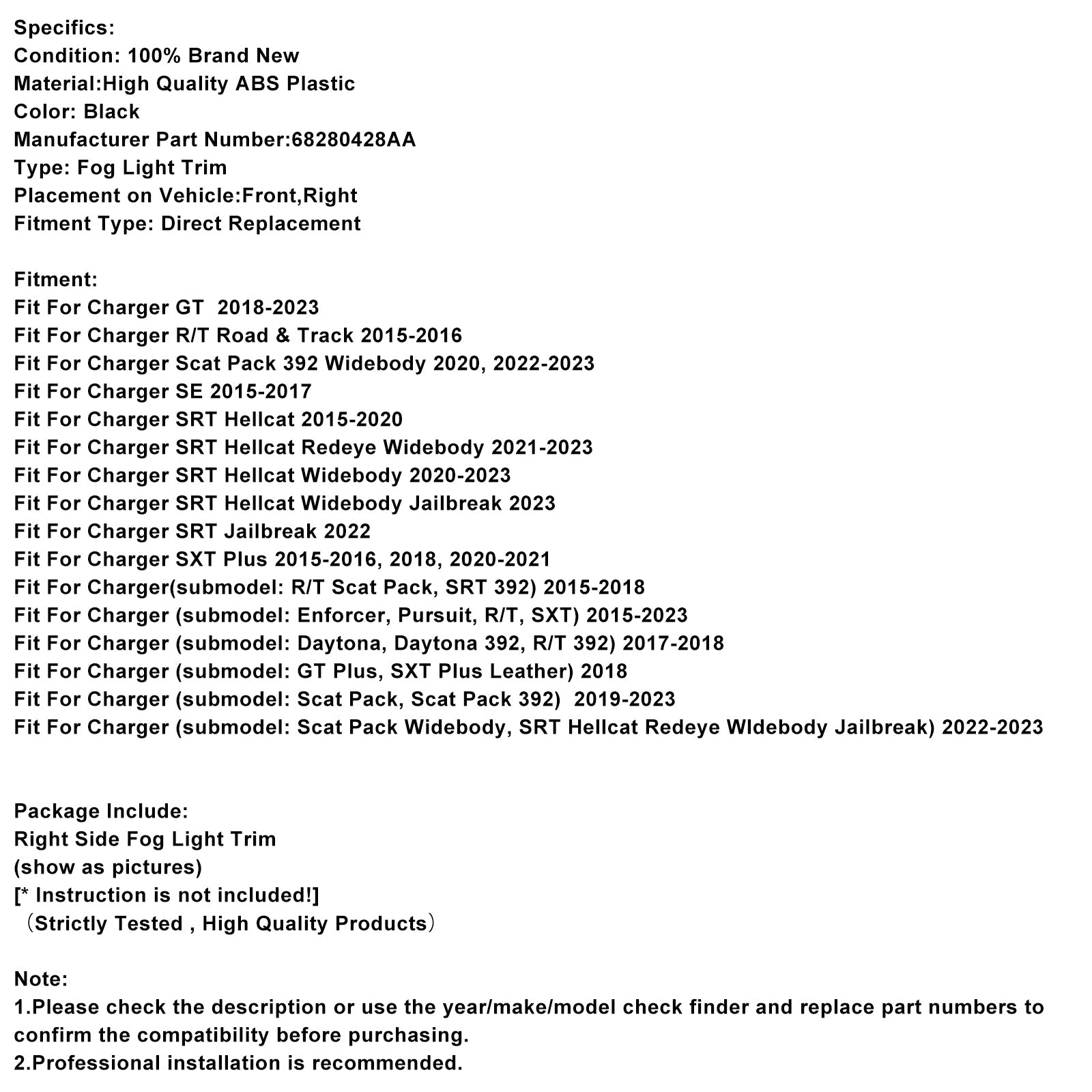 Right Side Fog Light Bezel For Dodge Charger 2015-2022 68280428AA