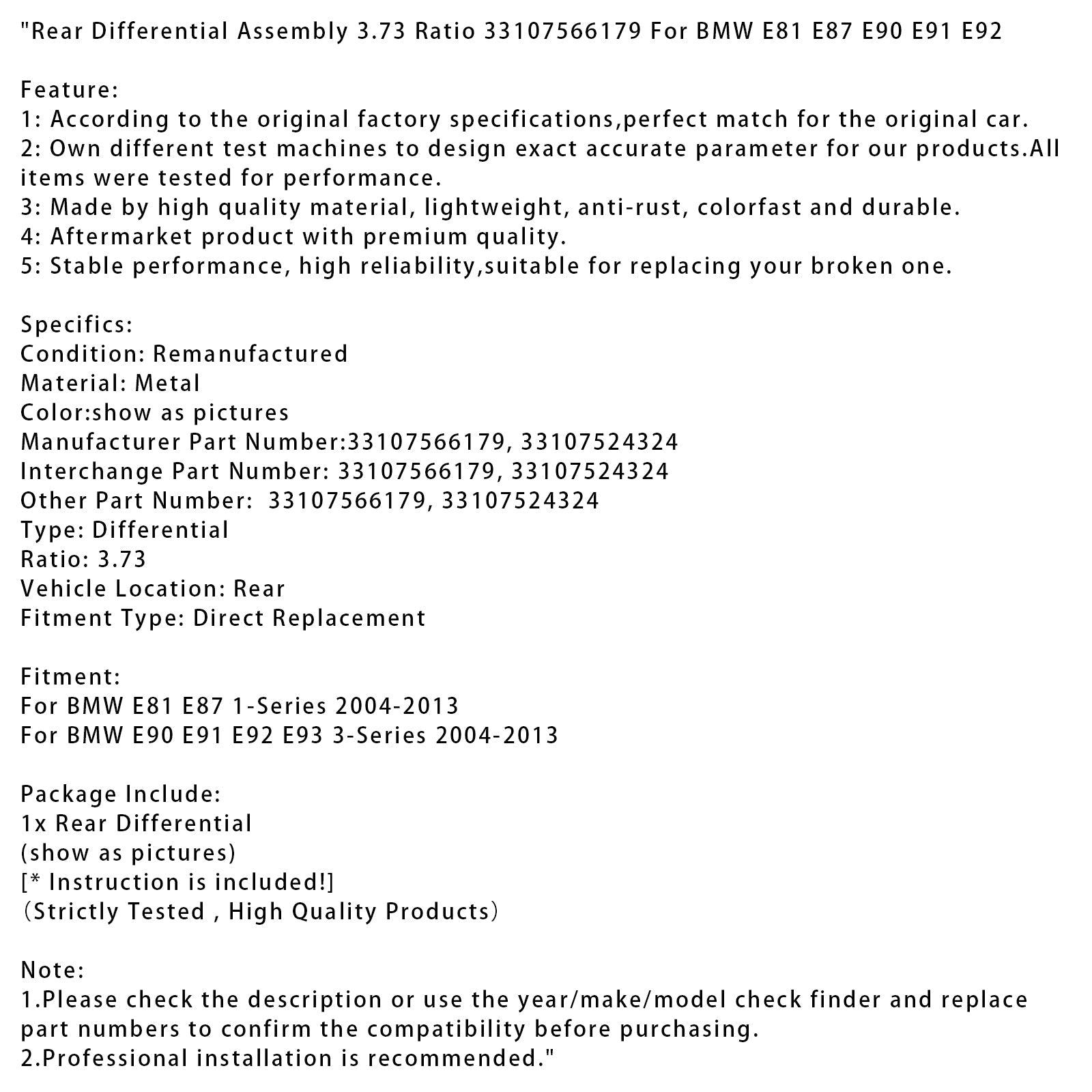 2004-2013 BMW E81 E87 1-Series Rear Differential Assembly 3.73 Ratio 33107566179