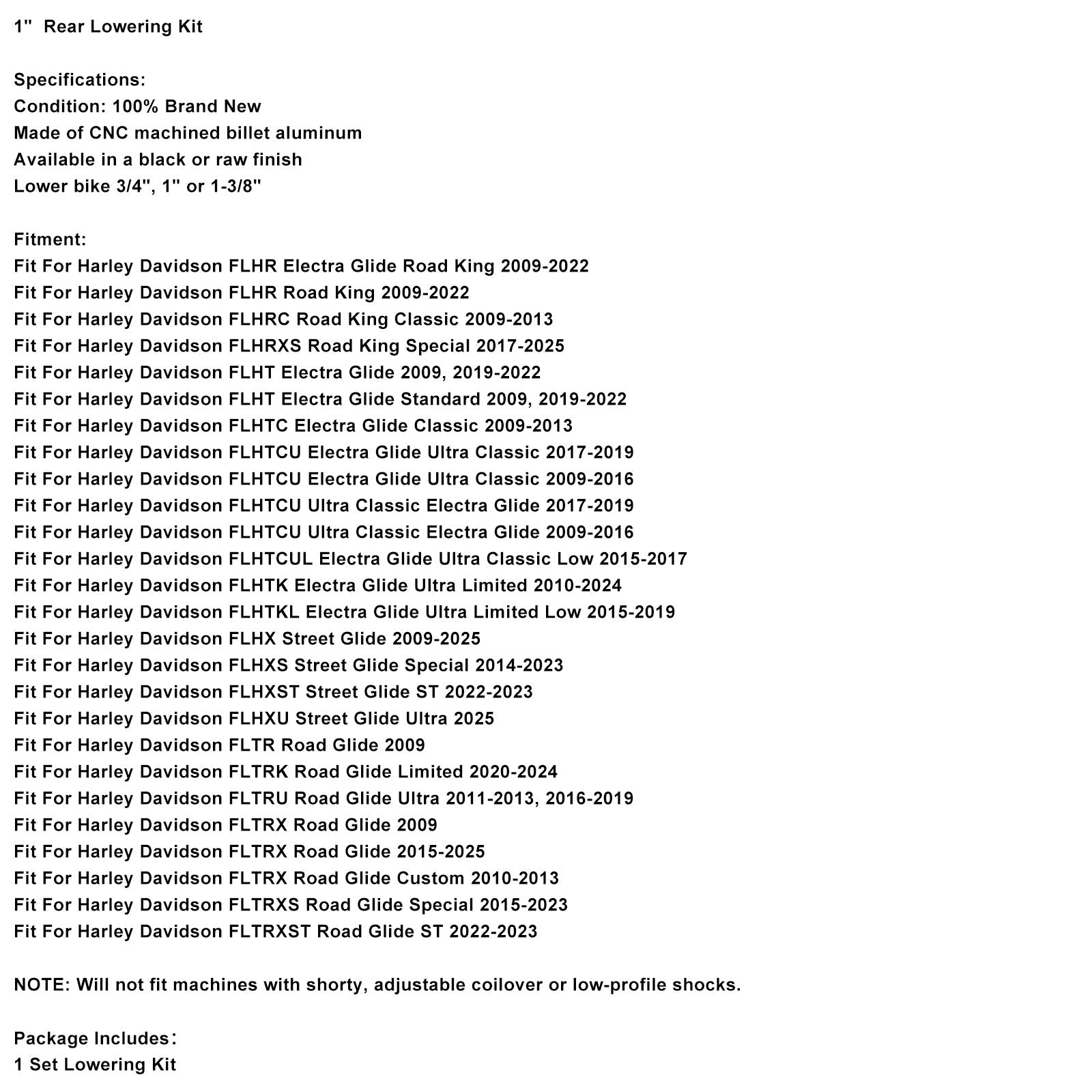 1" Rear Lowering Kit Fit For Touring FLHX FLHR FLHT Electra Glide 2009-2025