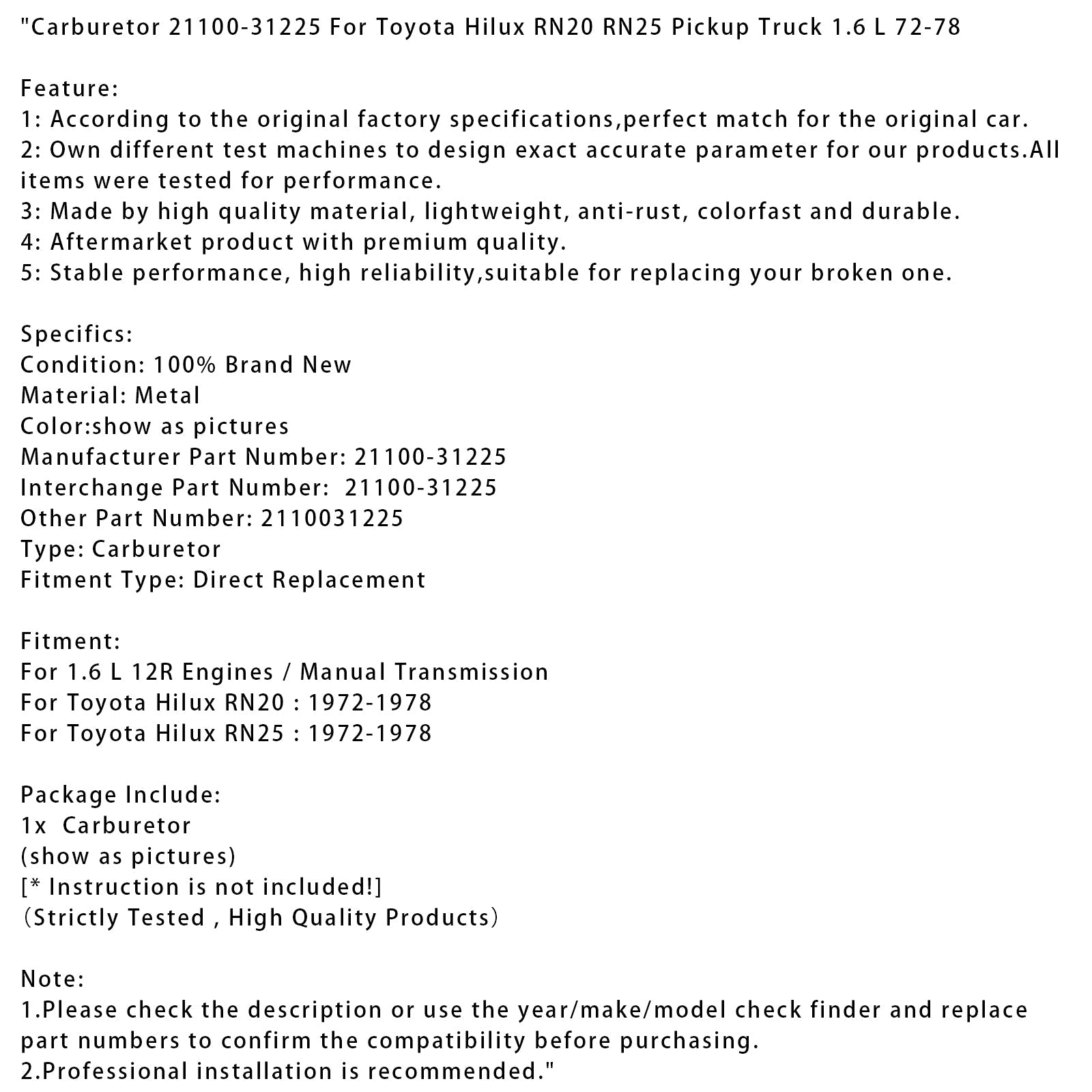 1972-1978 Toyota Hilux RN20 RN25 Pickup Truck 1.6 L Carburetor 21100-31225