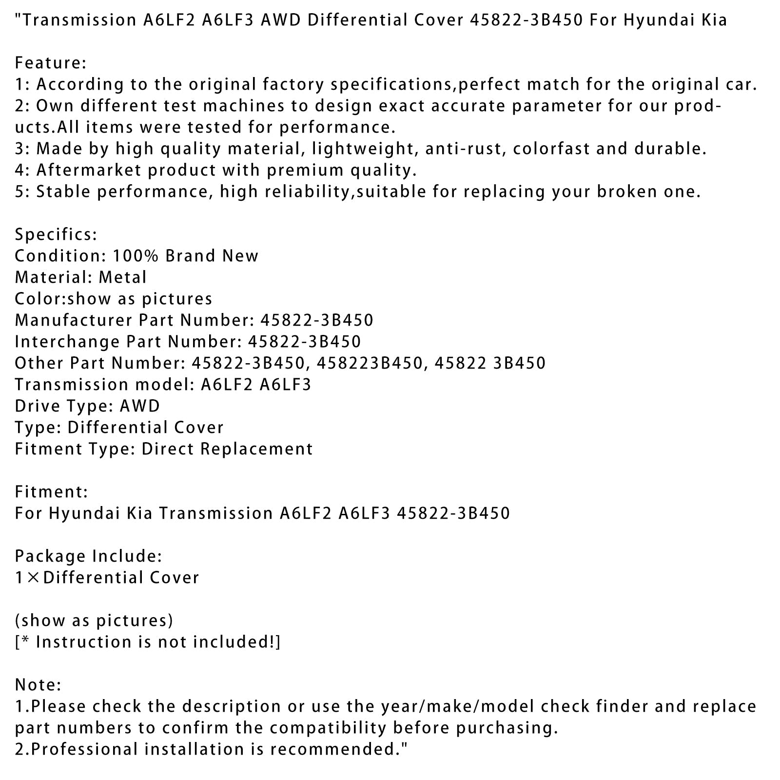 Transmission A6LF2 A6LF3 AWD Differential Cover 45822-3B450 For Hyundai Kia