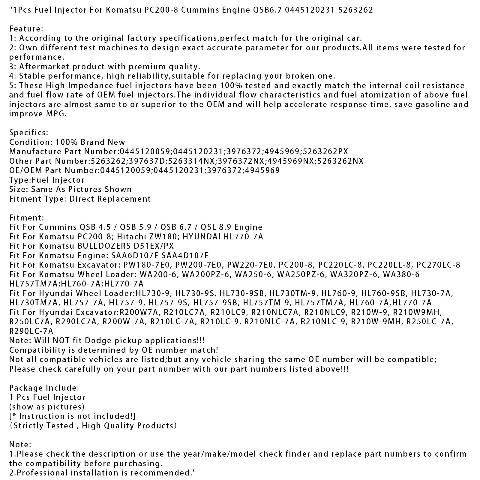 1Pcs Fuel Injector For Komatsu PC200-8 Cummins Engine QSB6.7 0445120231 5263262