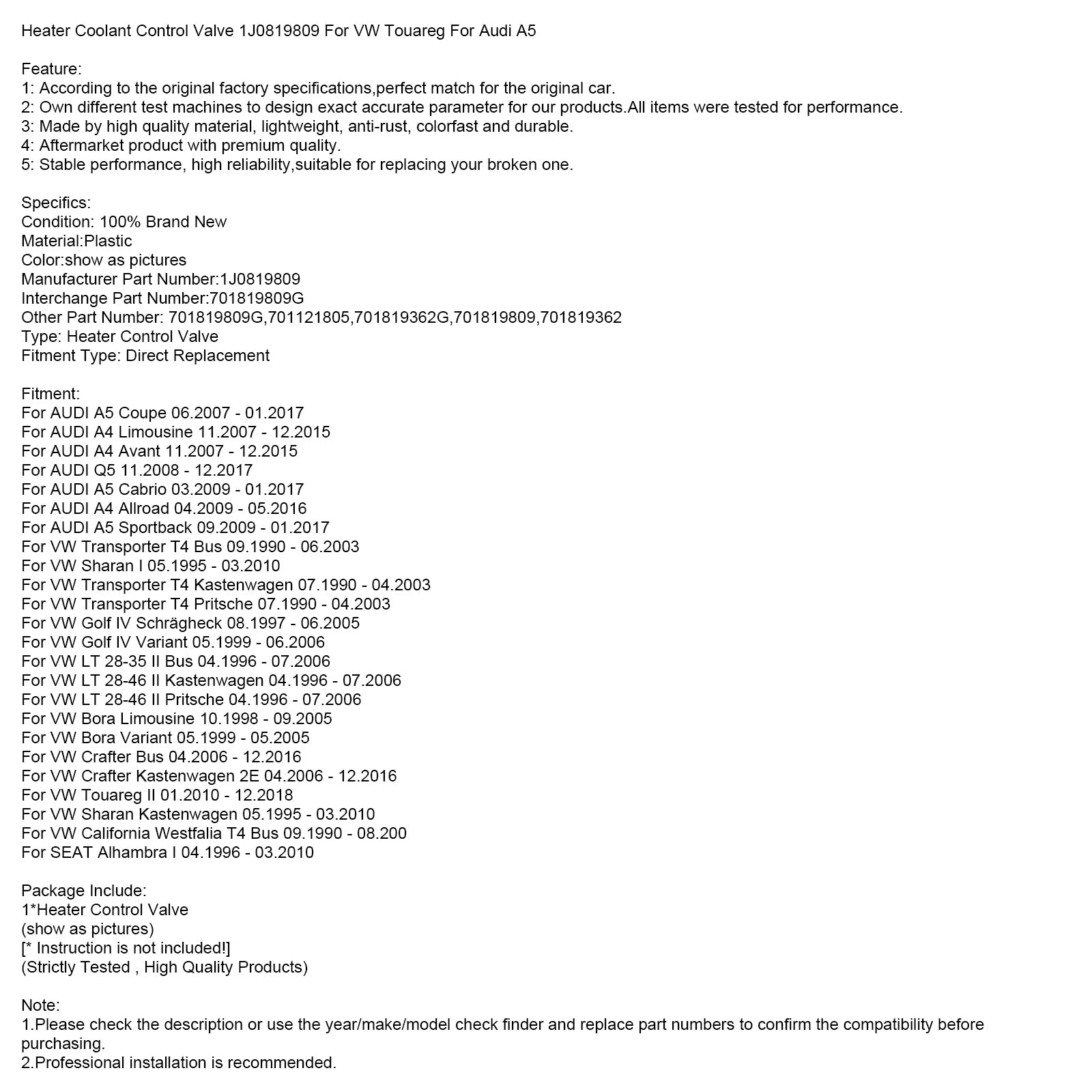 Heater Coolant Control Valve 1J0819809 For VW Touareg For Audi A5