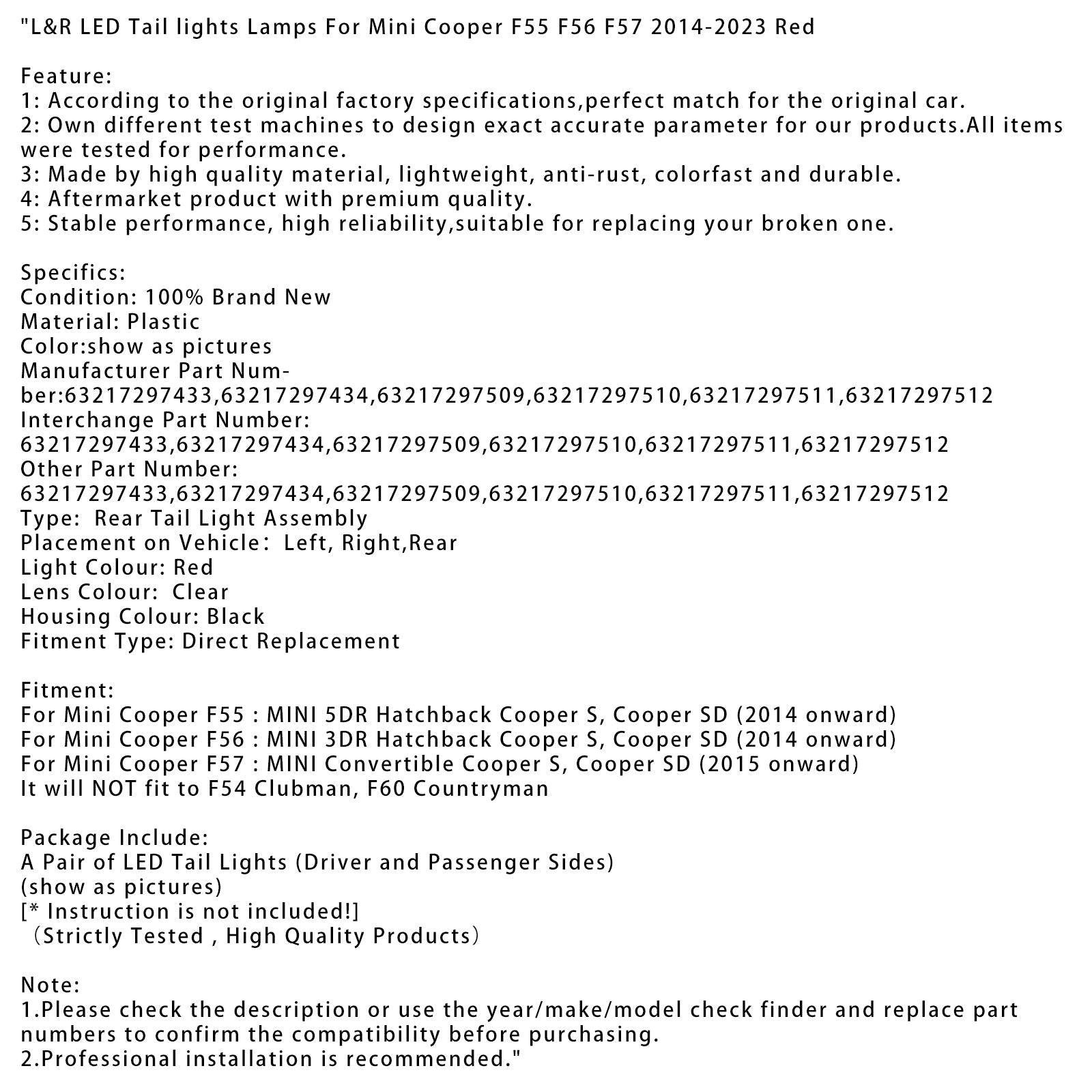 2014 onward Mini Cooper F57 MINI Convertible Cooper S, Cooper SD L&R LED Tail lights Lamps 3217297433 6321729743