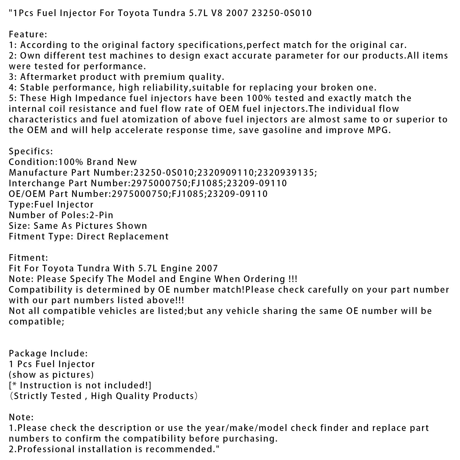 2007 Toyota Tundra 5.7L V8 1Pcs Fuel Injector 23250-0S010