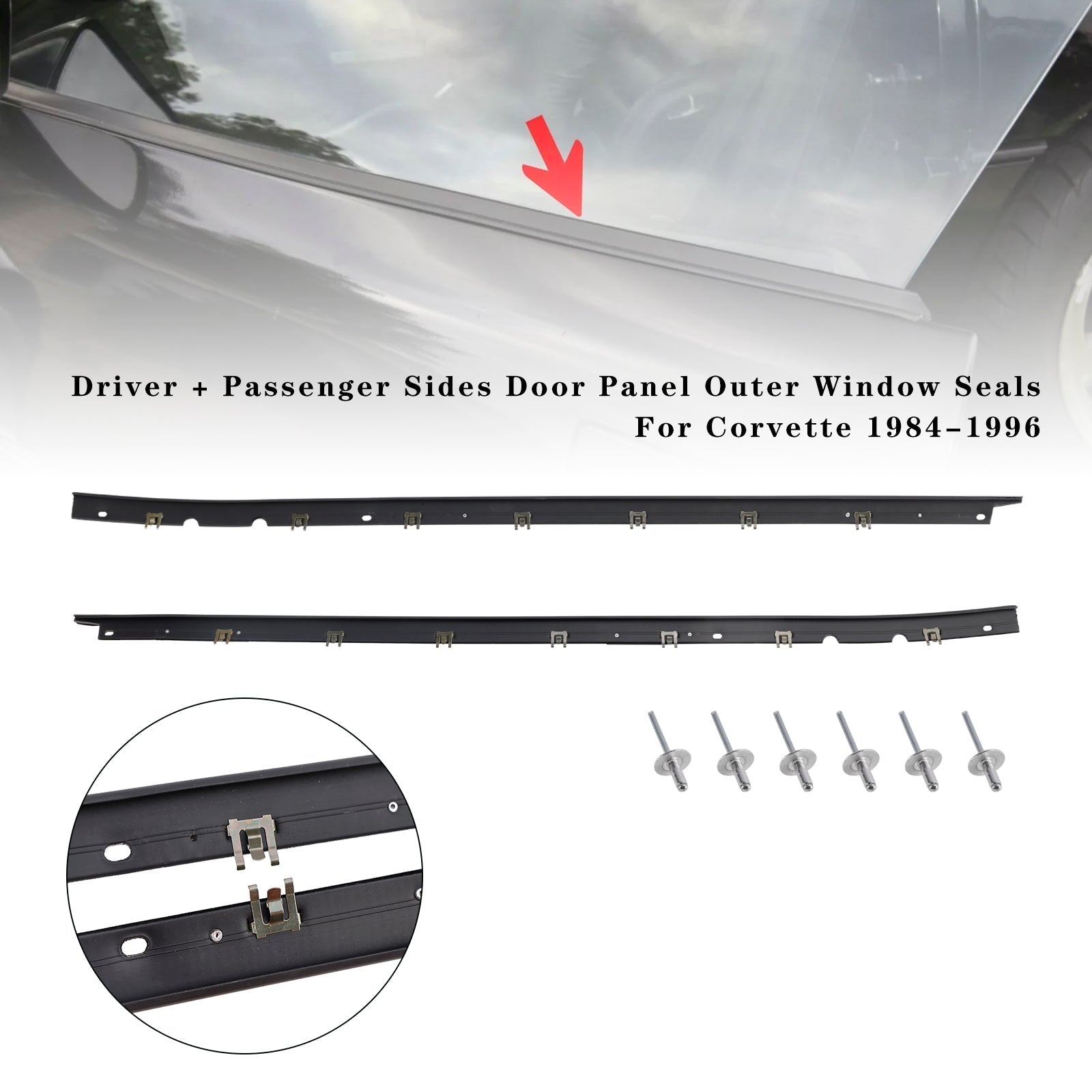 Driver + Passenger Sides Door Panel Outer Window Seals For Corvette 1984-1996