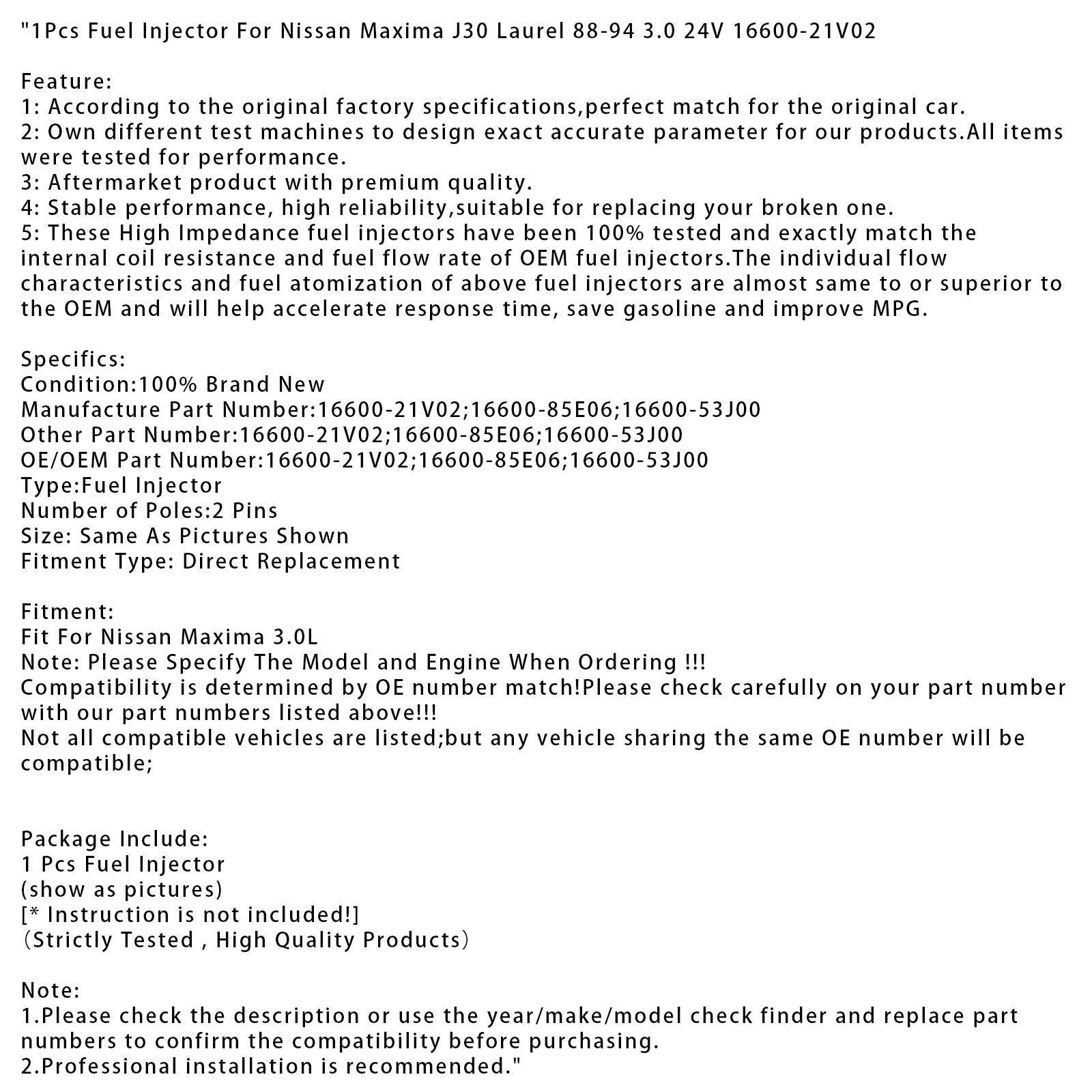 1988-2994 Nissan Maxima J30 Laurel 3.0 24V 1Pcs Fuel Injector 16600-21V02