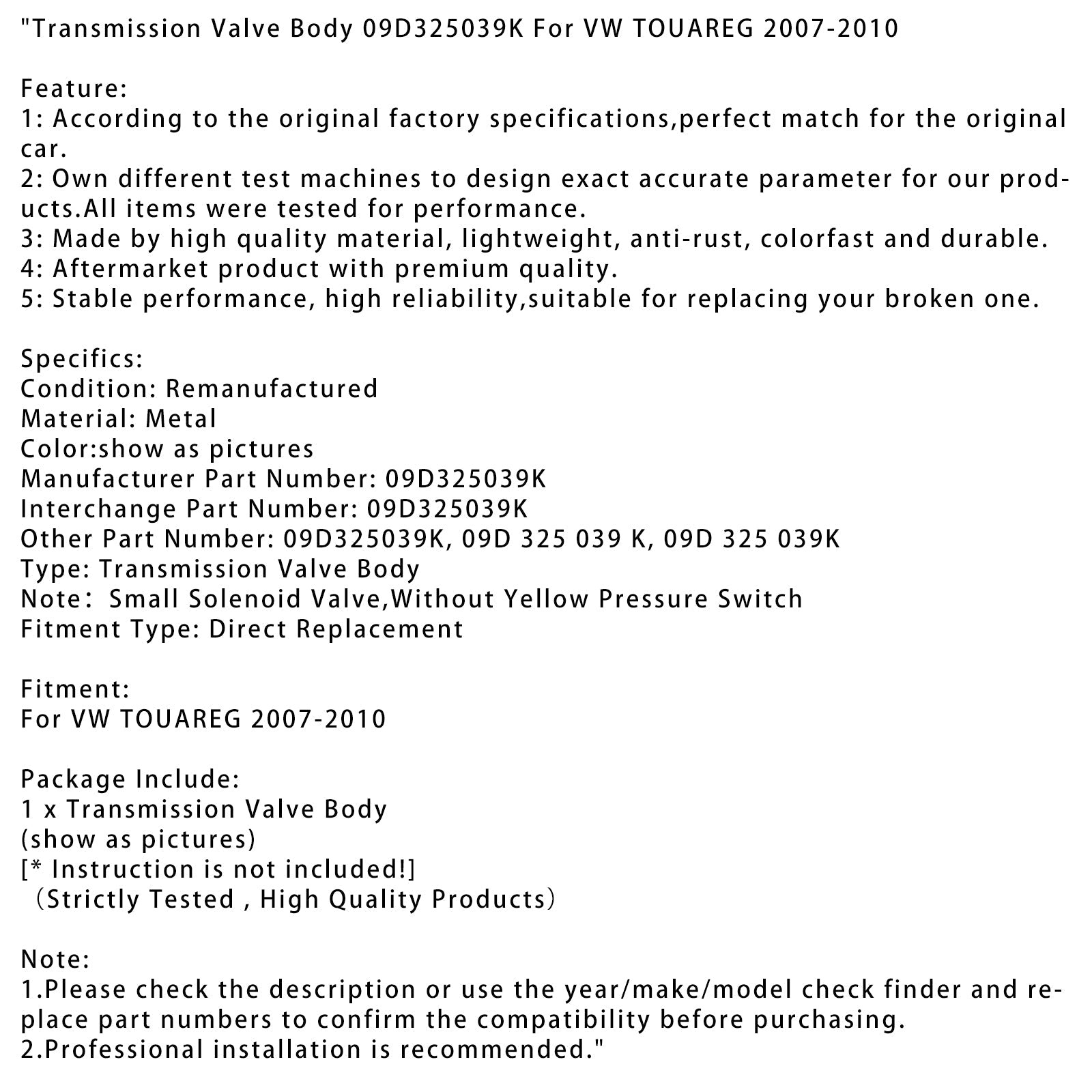 Transmission Valve Body 09D325039K For VW TOUAREG 2007-2010