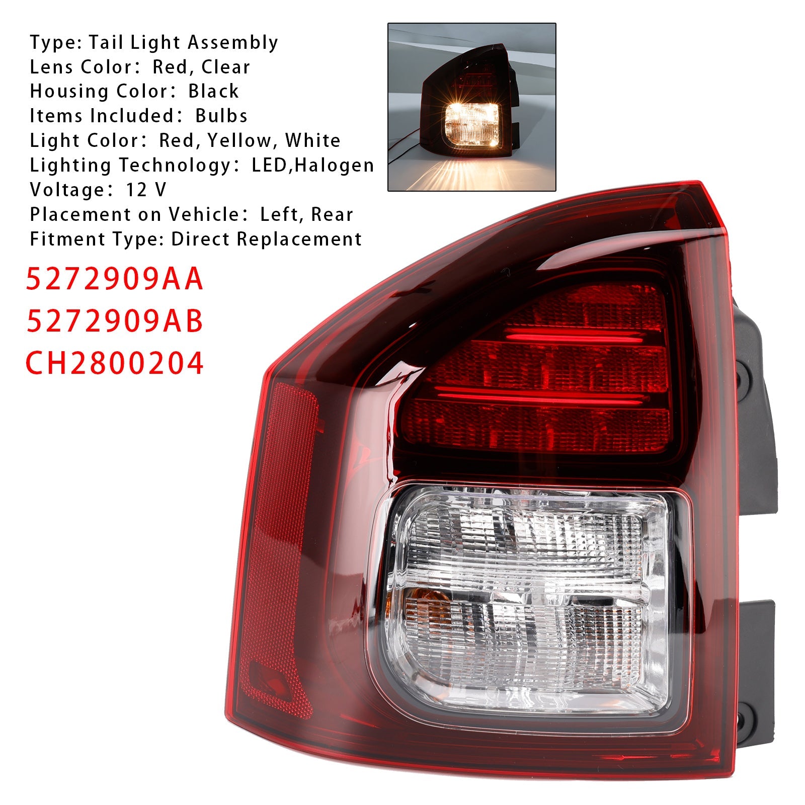 Left Rear Tail Light Rear Lamp Assembly For Jeep Compass 2014-2017