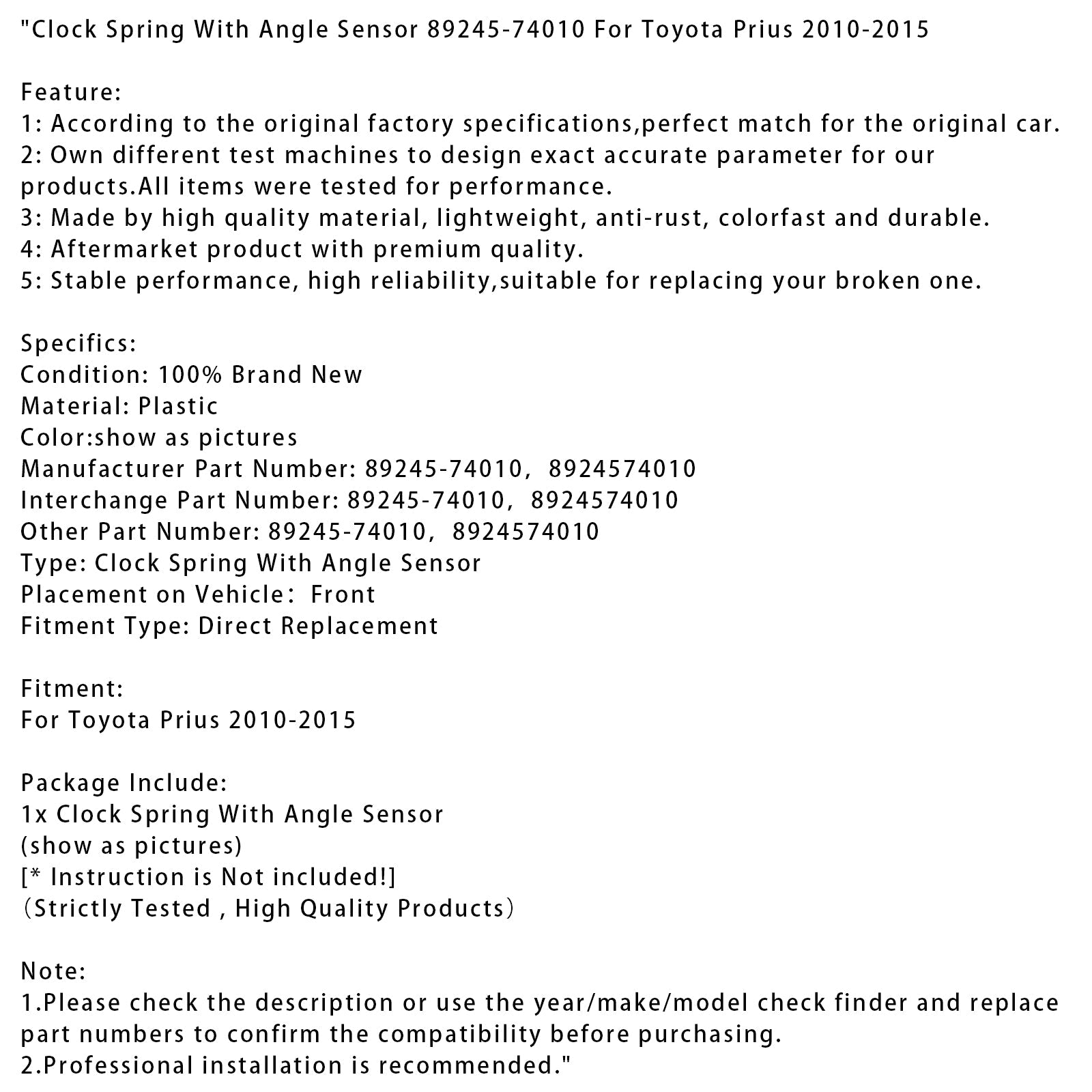 2010-2015 Toyota Prius Clock Spring With Angle Sensor 89245-74010