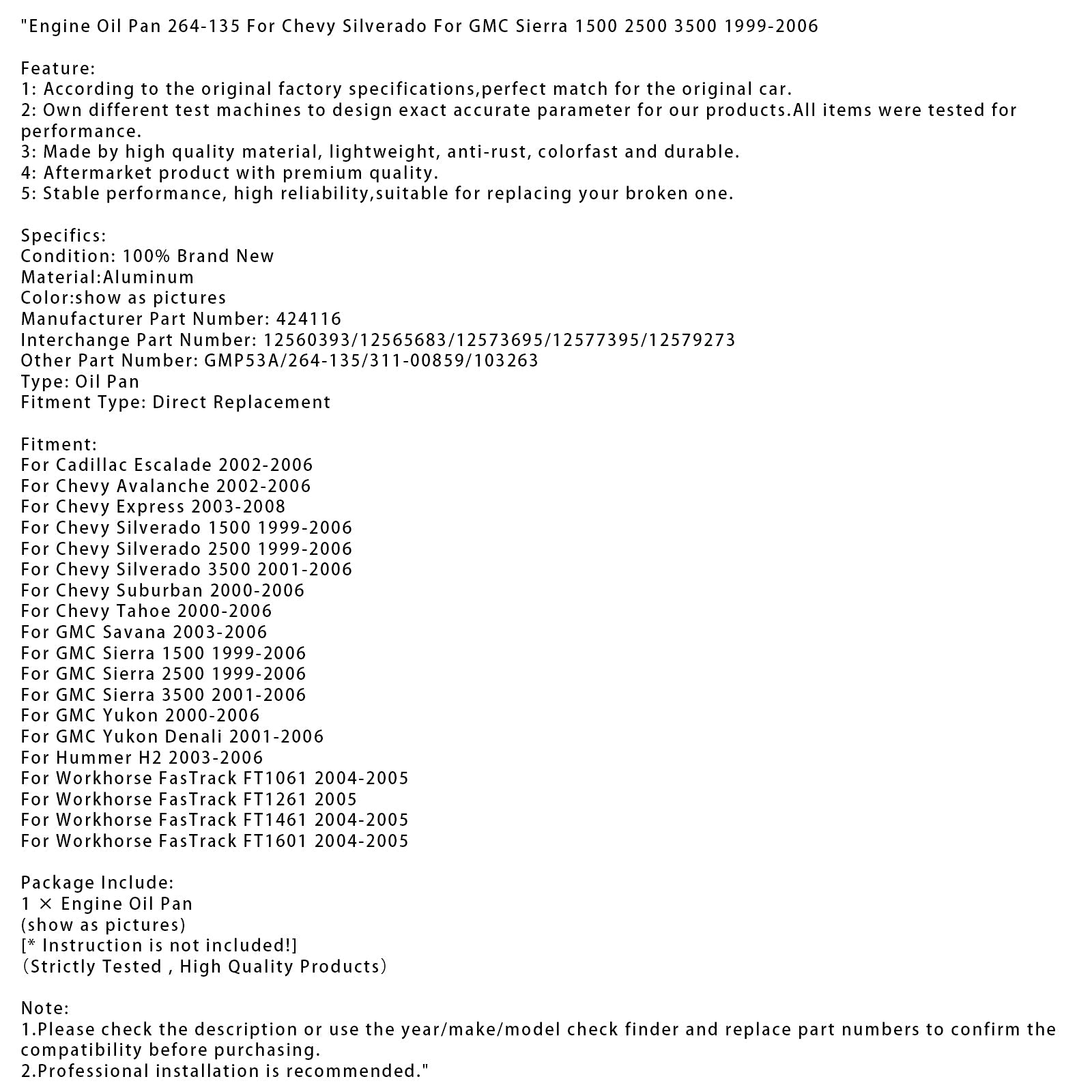 2003-2008 Chevy Express Engine Oil Pan 264-135 424116 12560393