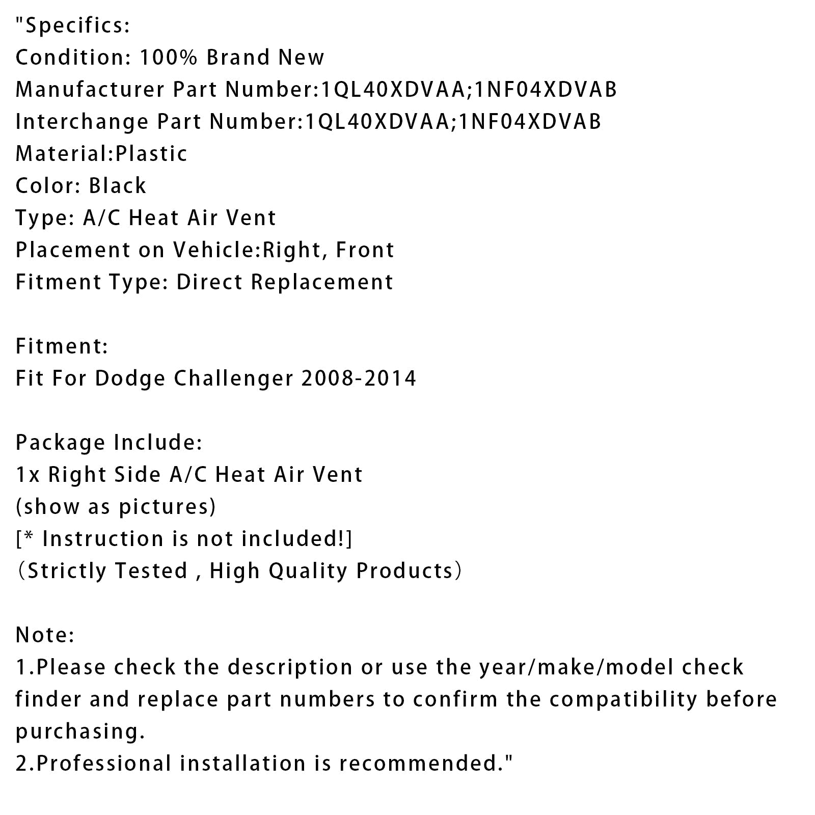 2008-2014 Dodge Challenger Right Side Air Conditioning A/C Heat Air Vent 1QL40XDVAA