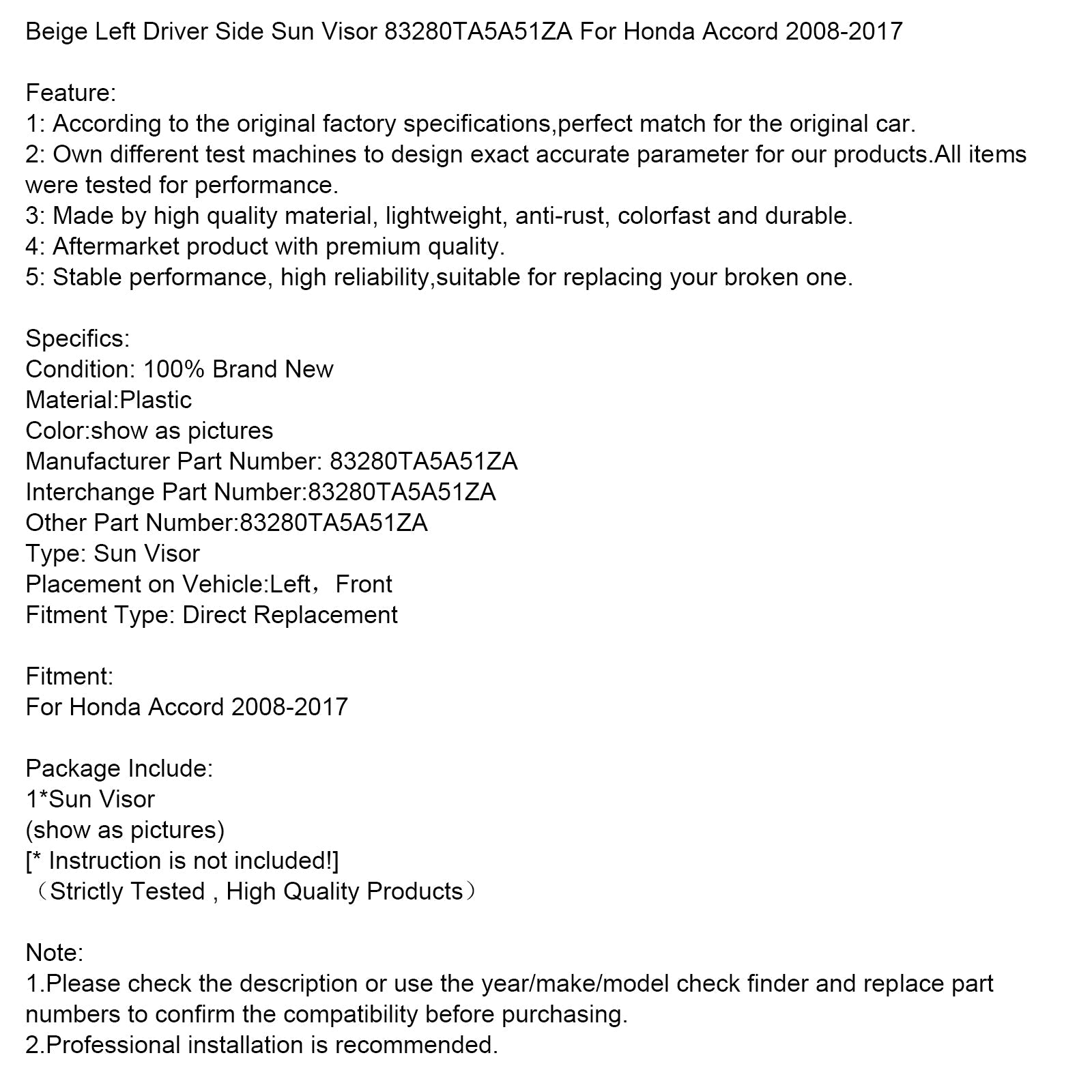 2008-2017 Honda Accord Beige Left Driver Side Sun Visor 83280TA5A51ZA