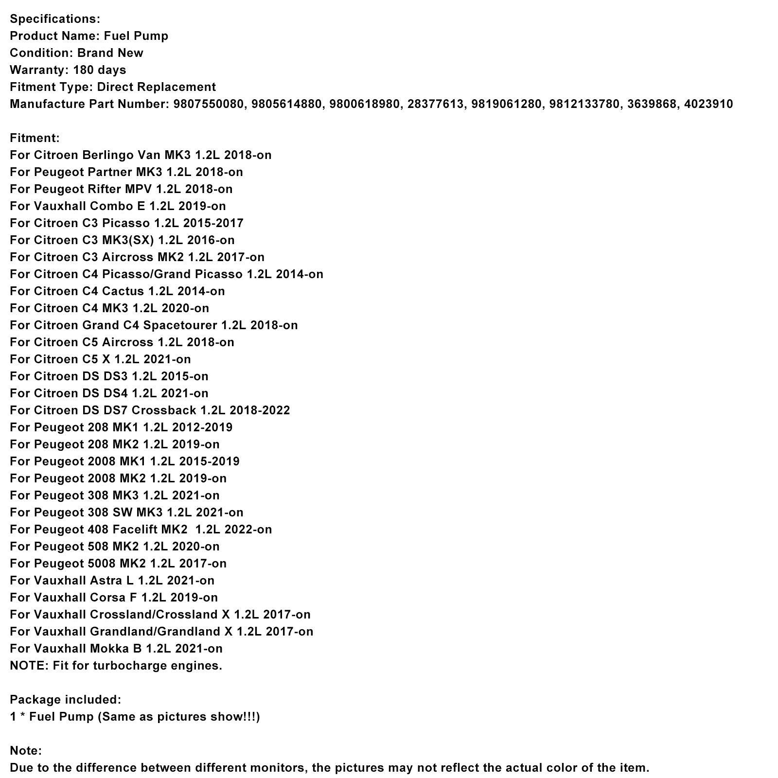 2015-2019 Peugeot 2008 MK1 1.2L High Pressure Petrol Fuel Pump 9807550080 28377613