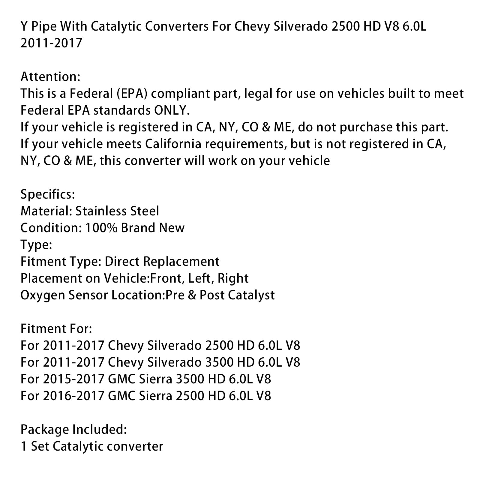 Y Pipe With Catalytic Converters For Chevy Silverado 2500 HD V8 6.0L 2011-2017