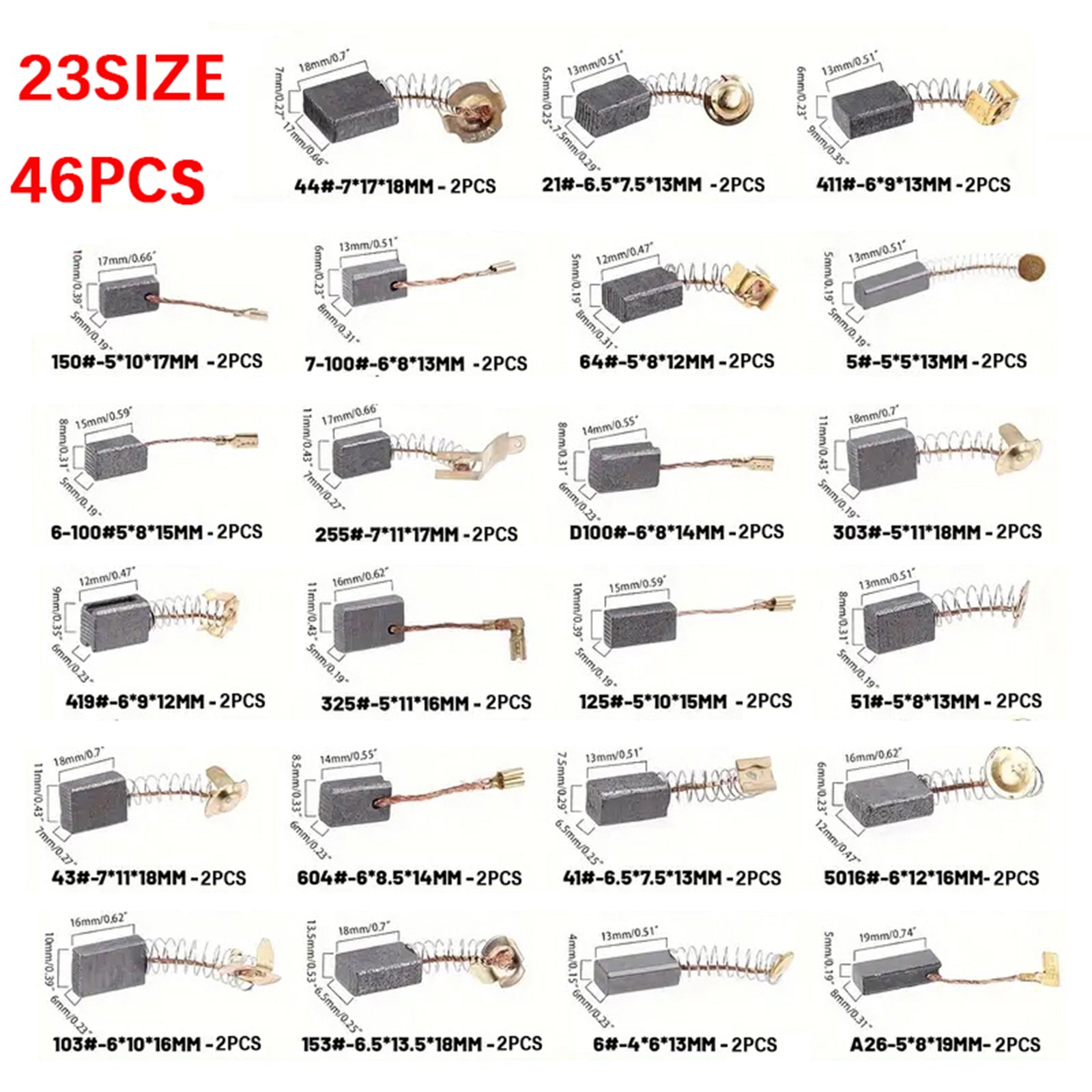 46Pcs Electric Motor Carbon Brushes 23 Sizes Replacement Repair Power Tool Part