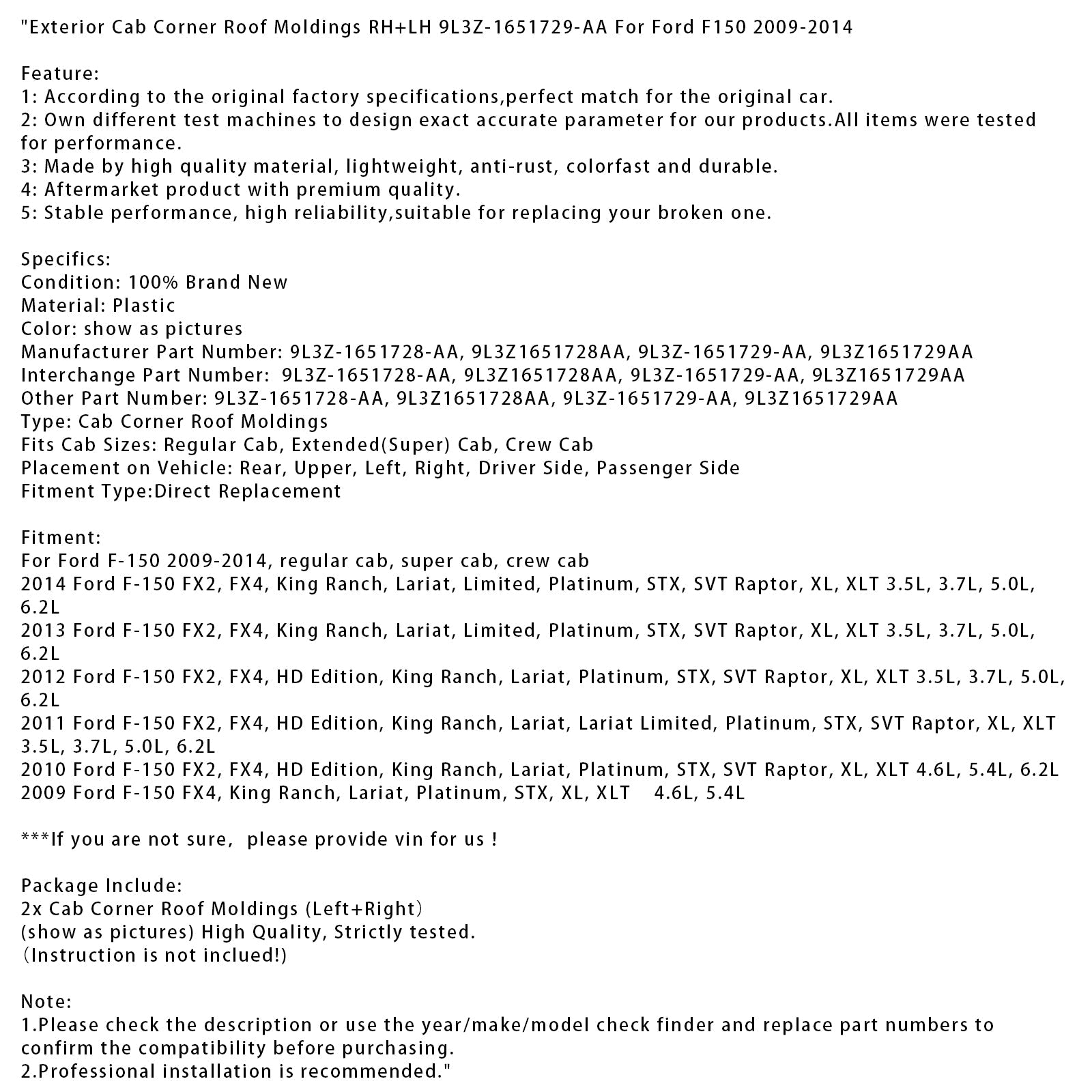L+R Exterior Cab Corner Roof Moldings 9L3Z-1651729-AA For Ford F150 2009-2014