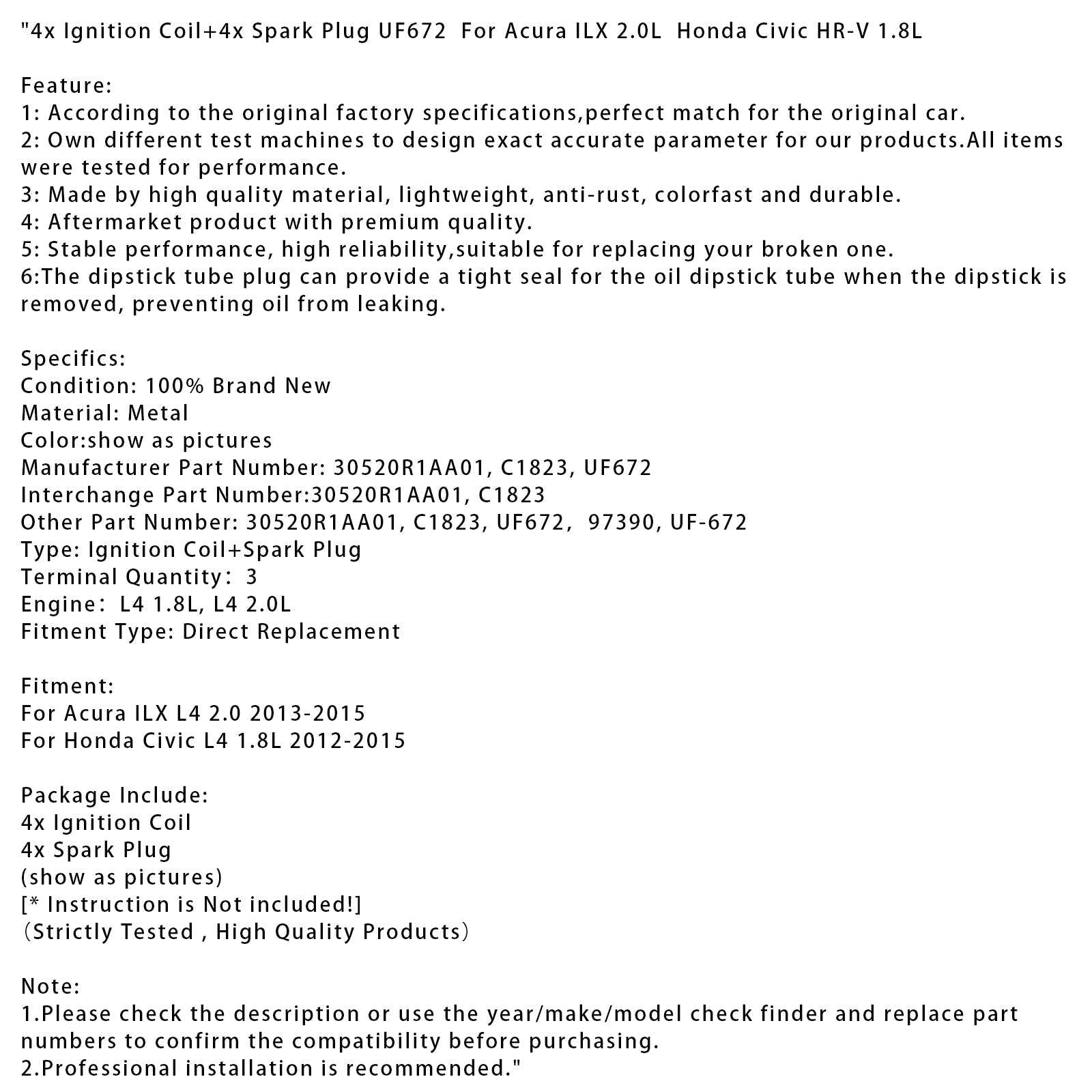4x Ignition Coil+4x Spark Plug UF672 For Acura ILX 2.0L Honda Civic HR-V 1.8L