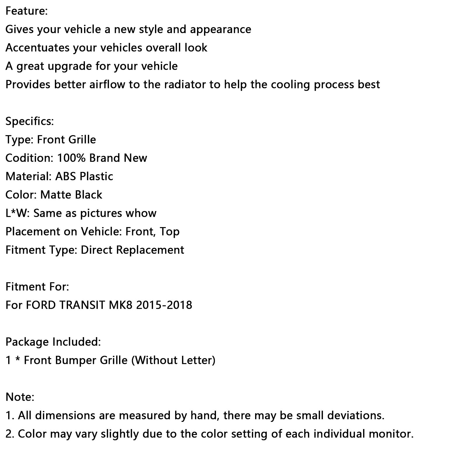 2015-2018 Ford Transit MK8 Raptor Matt Black Front Bumper Grill Grille