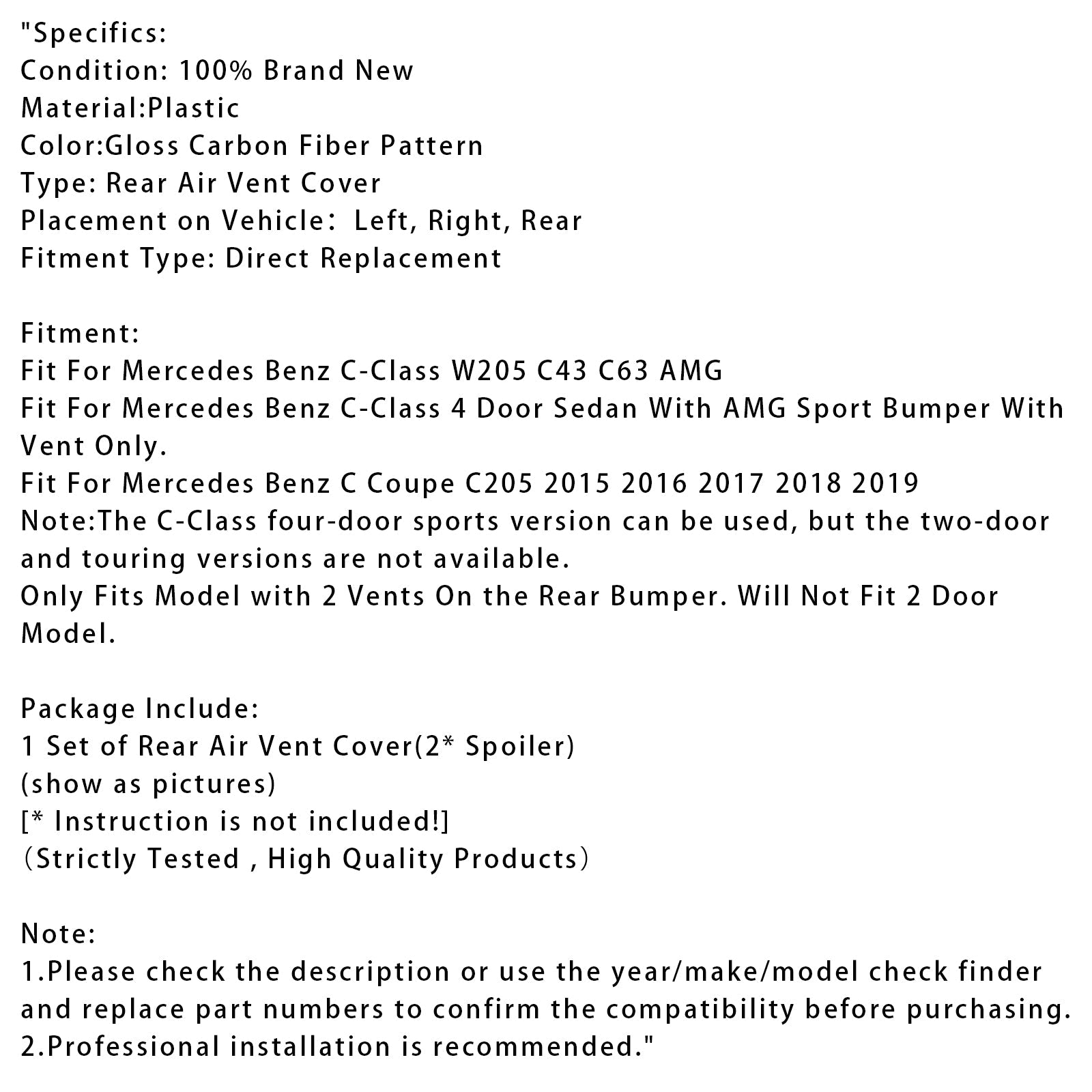 Rear Air Vent Cover Carbon Fiber Look For Benz C Class W205 C43 C63 2014-2019