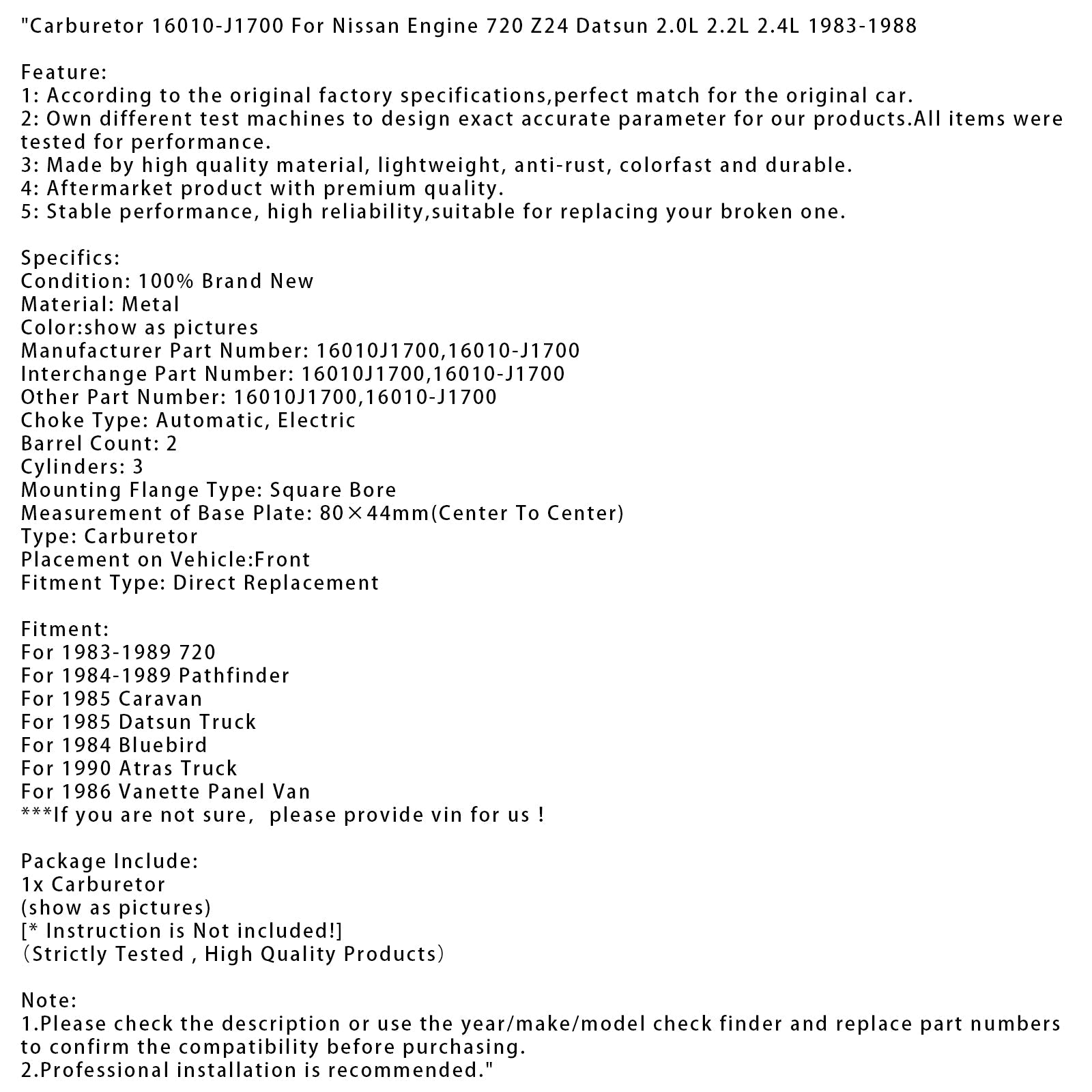 1985 Datsun Truck Carburetor 16010-J1700