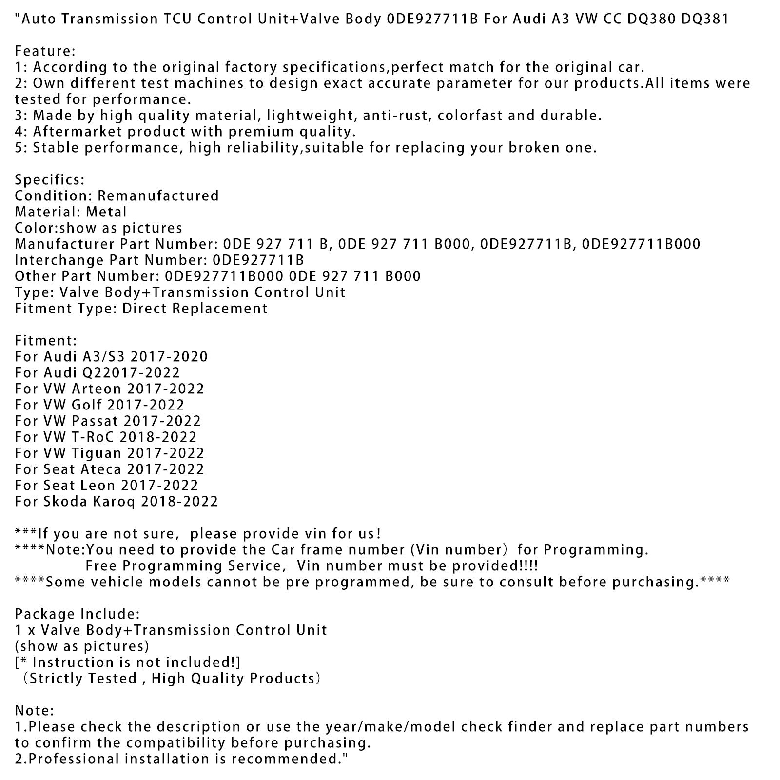 2017-2022 Seat Leon Auto Transmission TCU Control Unit+Valve Body 0DE927711B 0DE 927 711 B