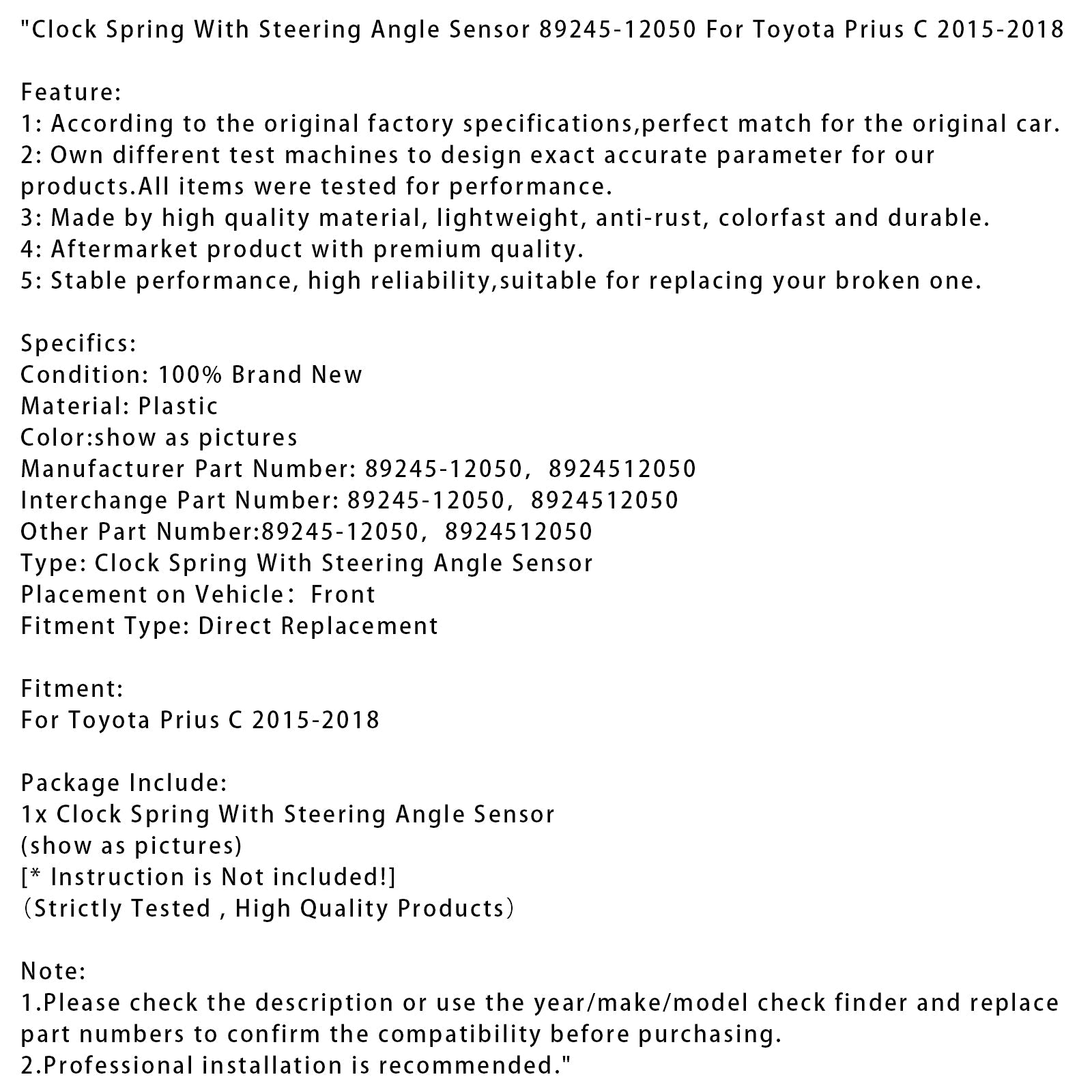 2015-2018 Toyota Prius C Clock Spring With Steering Angle Sensor 89245-12050