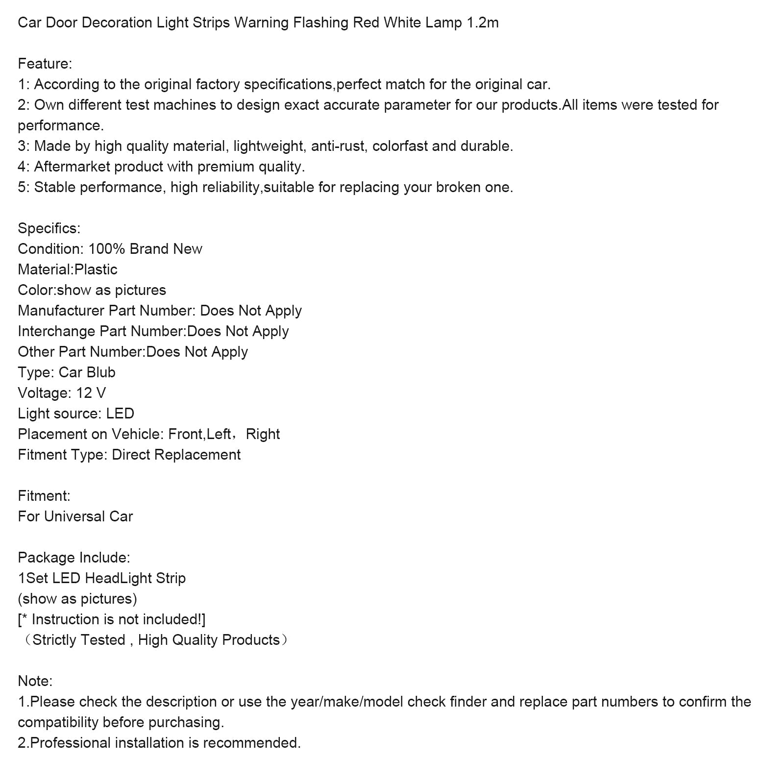 Car Door Decoration Light Strips Warning Flashing Red White Lamp 1.2m