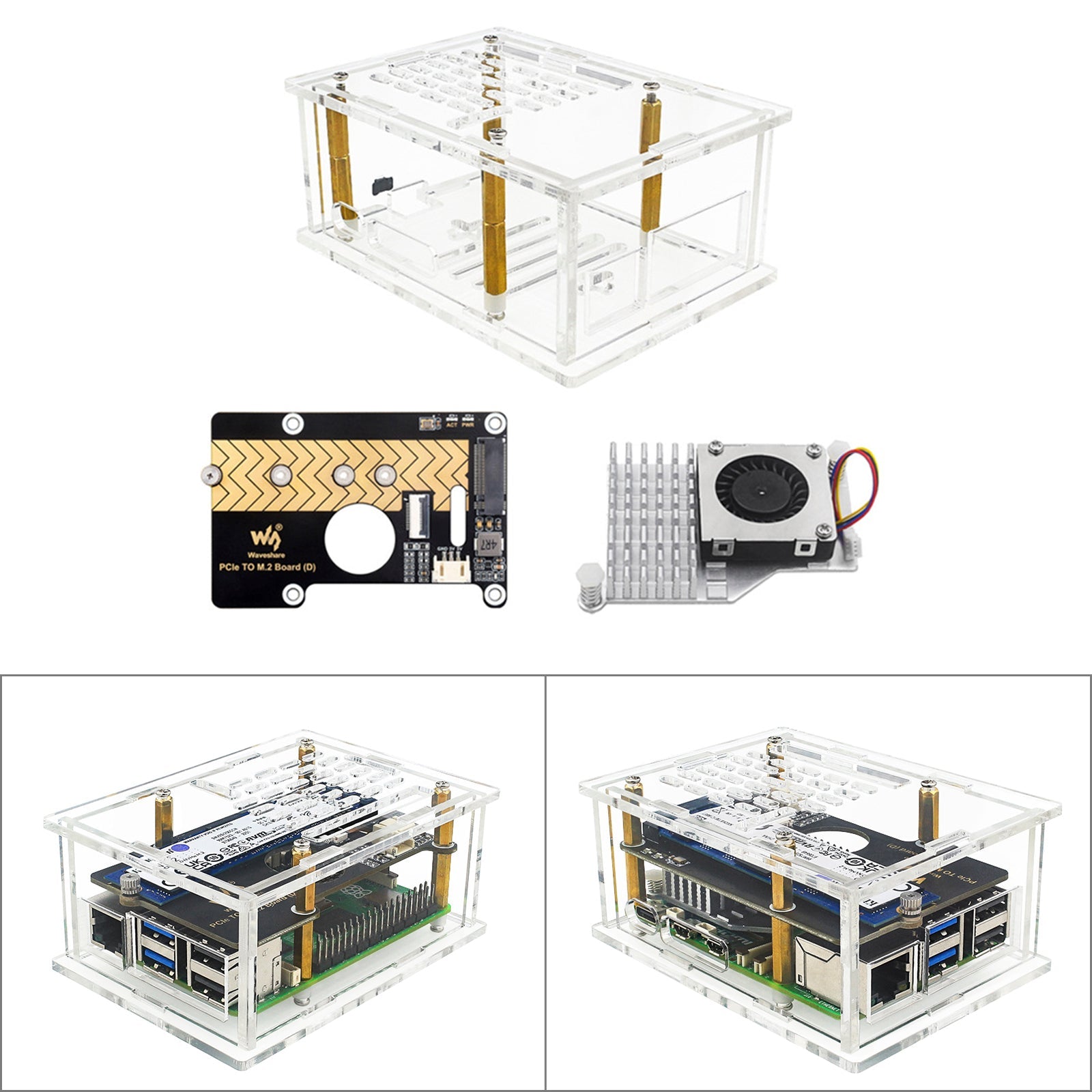 Raspberry Pi5 PCI-E Adapter Case PCIe to M.2 Adapter Board Acrylic Box Radiator
