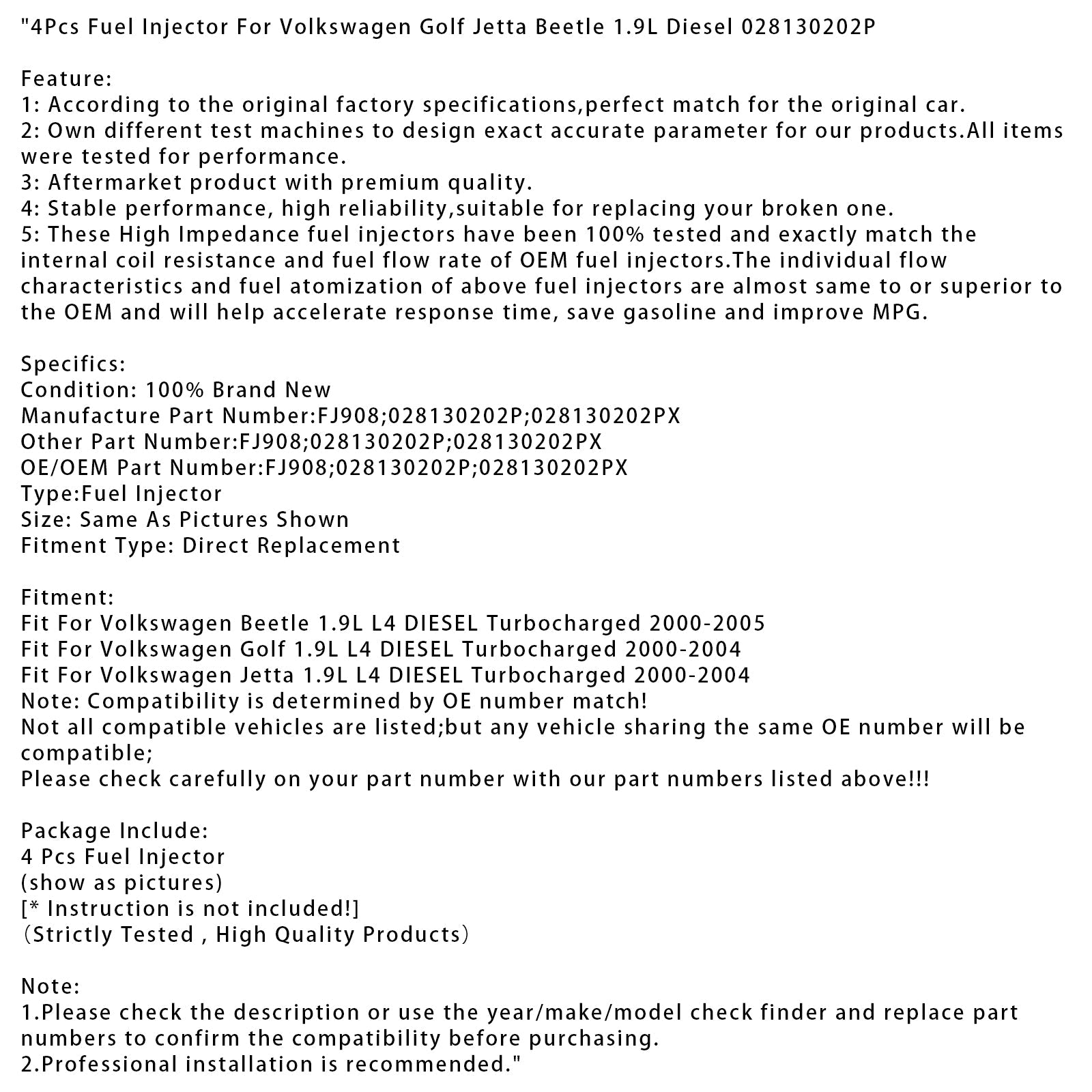 4Pcs Fuel Injector For Volkswagen Golf Jetta Beetle 1.9L Diesel 028130202P