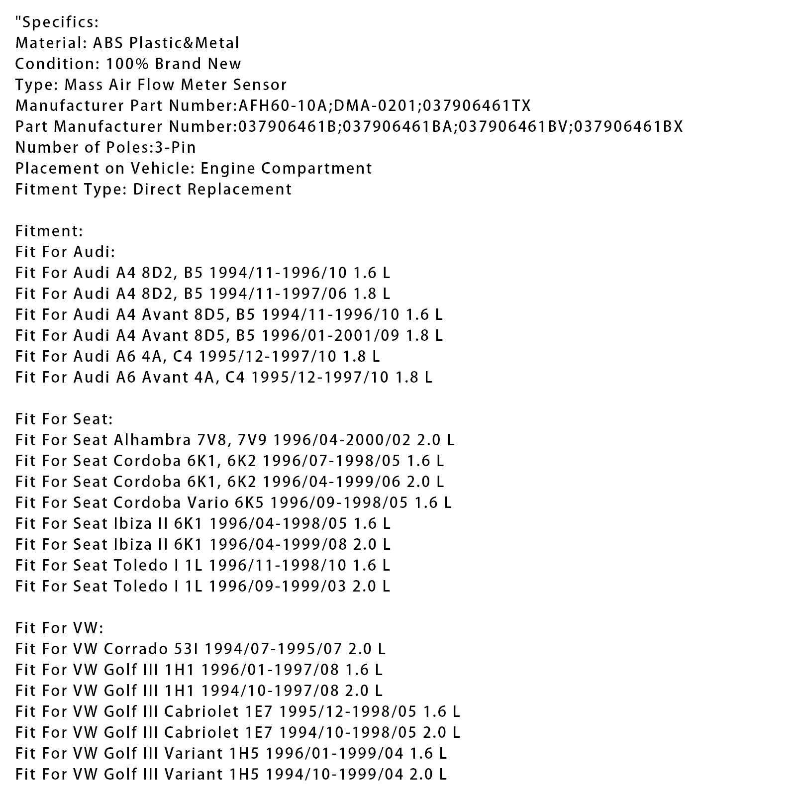 Mass Air Flow Meter Sensor For Audi A4 VW Golf III Cabriolet Corrado 037906461B