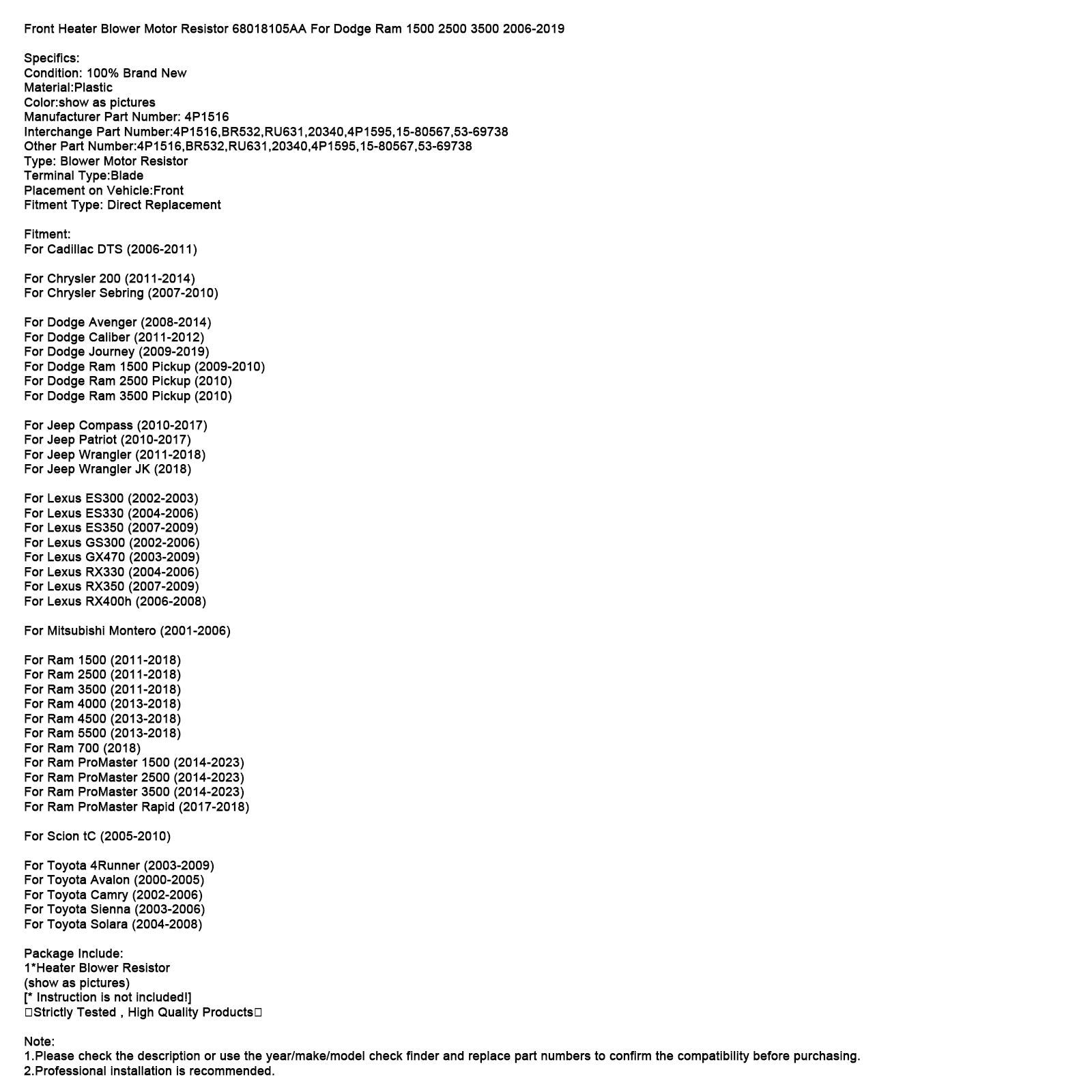 Front Heater Blower Motor Resistor 68018105AA For Dodge Ram 2006-2019