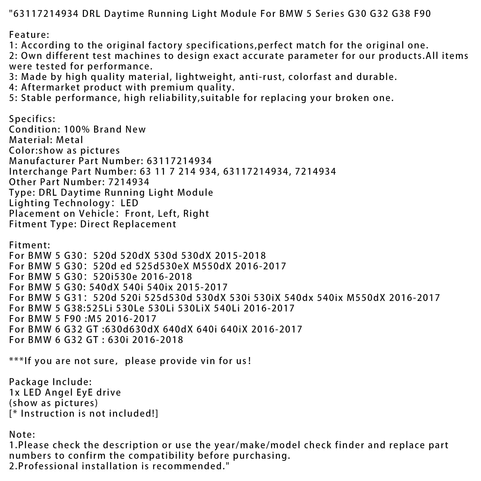 63117214934 BMW 5 시리즈 G32 G38 F90 용 DRL 주간 달리기 조명 모듈