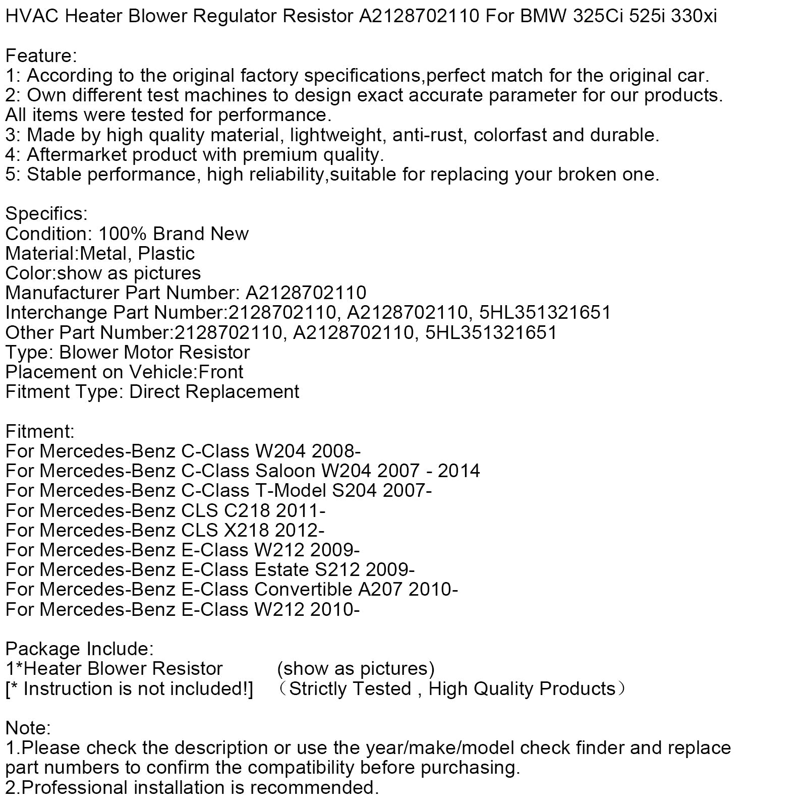 HVAC Heater Blower Regulator Resistor A2128702110 For Mercedes-Benz W204 W207