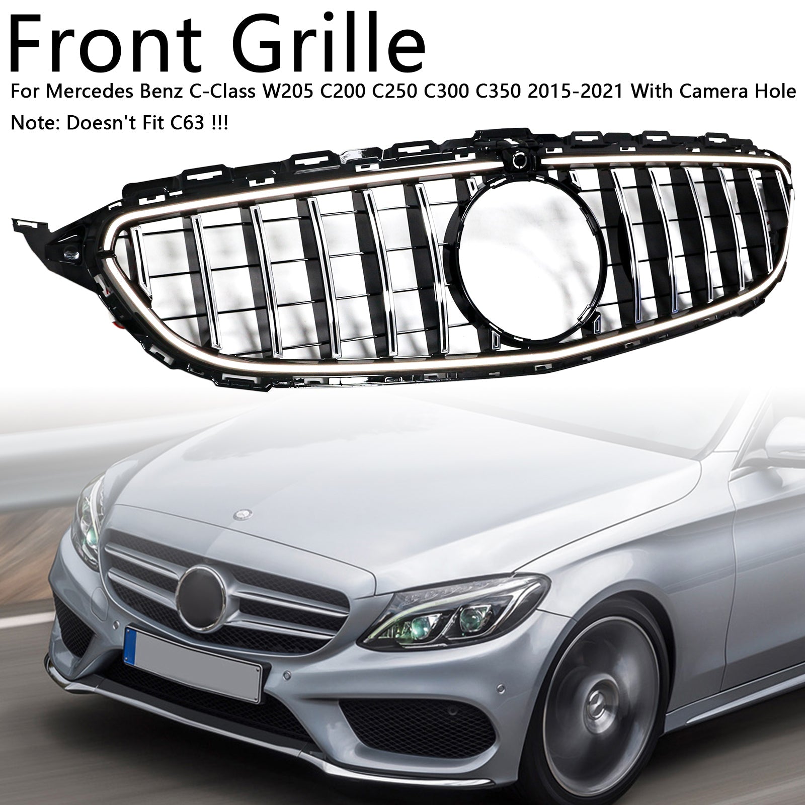 Chrome Front Bumper Grill Grille Fit Mercedes W205 C250 C300 2015-2021 W/LED