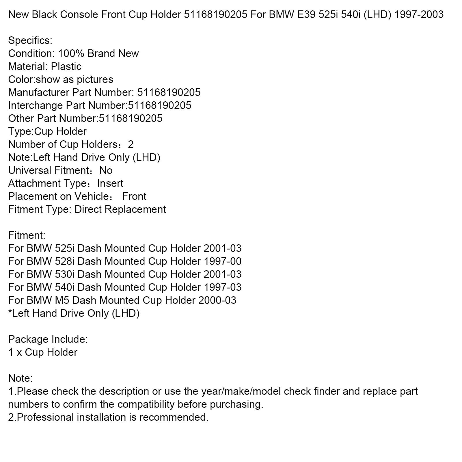 New Black Console Front Cup Holder 51168190205 For BMW E39 525i 540i (LHD)