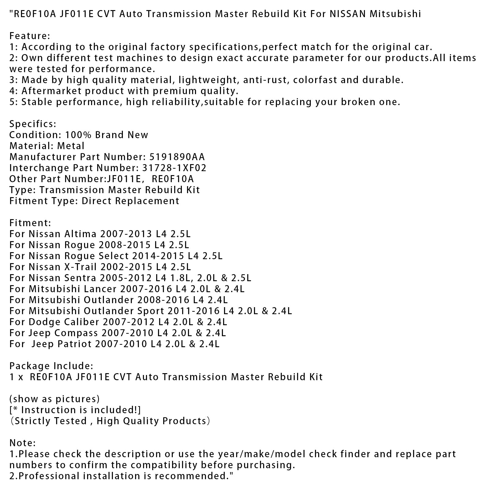 2008-2016 Mitsubishi Outlander L4 2.4L CVT Auto Transmission Master Rebuild Kit RE0F10A JF011E 5191890AA