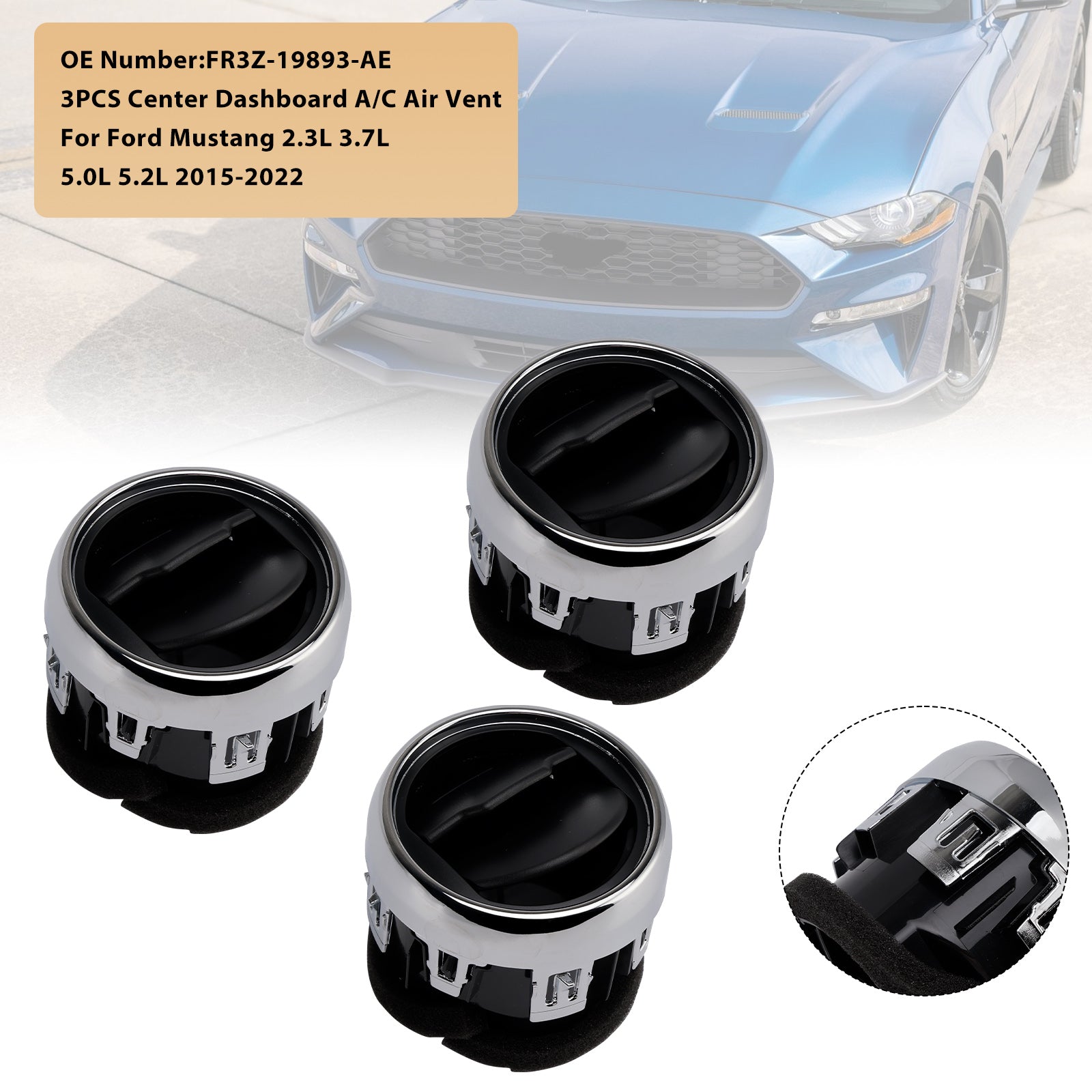 2015-2022 Ford Mustang 3X Center Dashboard A/C Air Vent Louvre FR3Z-19893-AE