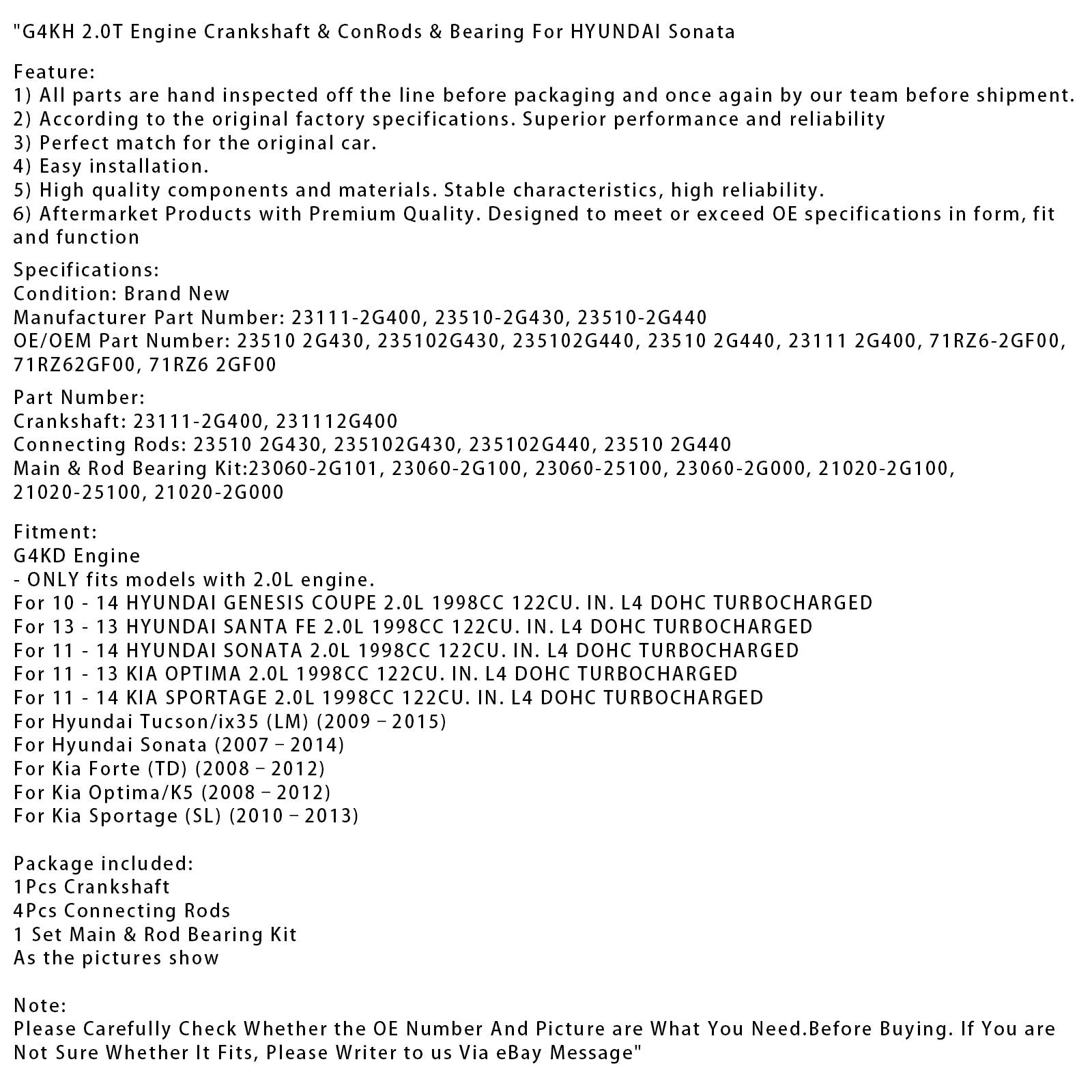 Kia Forte (TD) Optima/K5 2008�C2012 G4KH 2.0T Motor Cigüeñal, Bielas y Cojinete