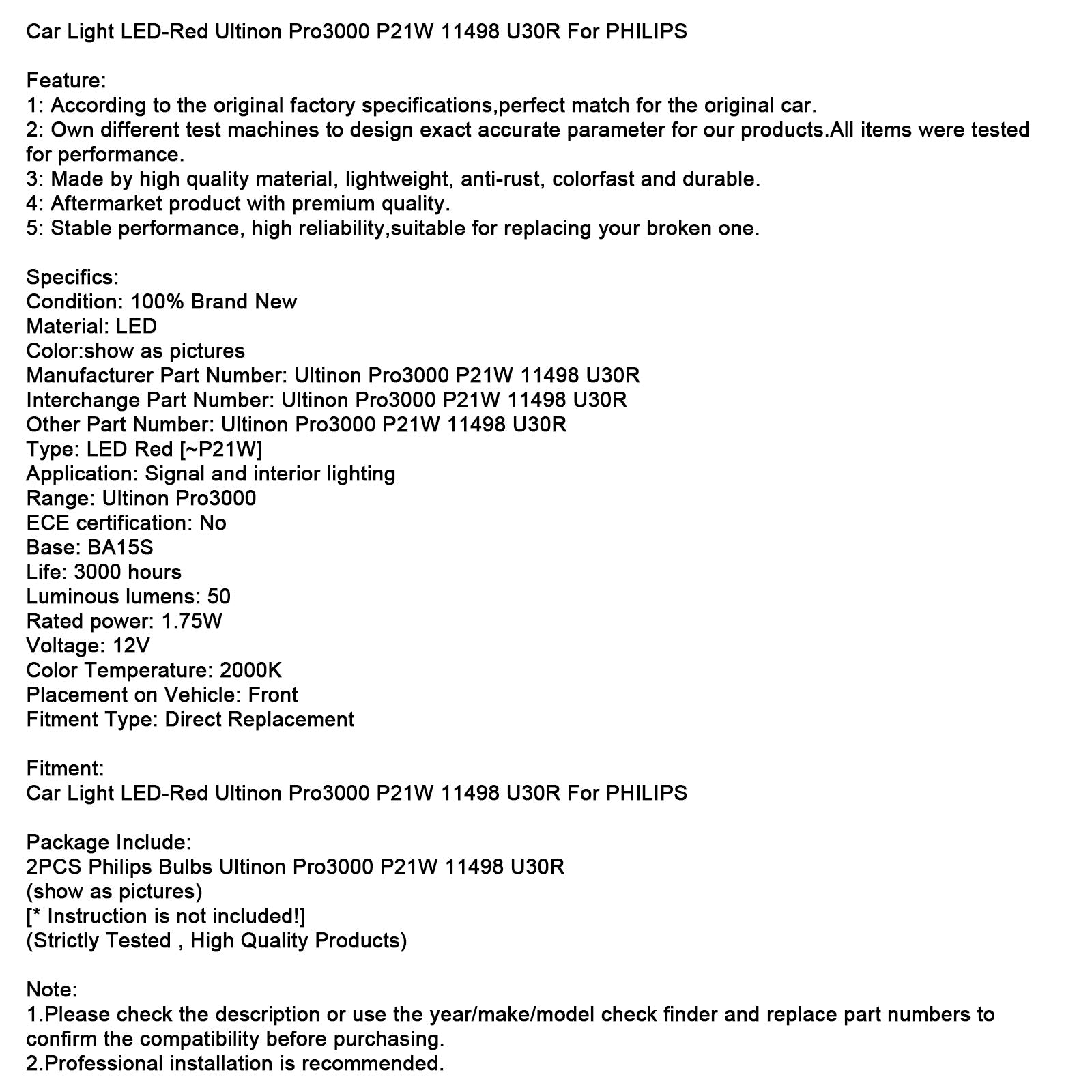 Car Light LED-Red Ultinon Pro3000 P21W 11498 U30R For PHILIPS